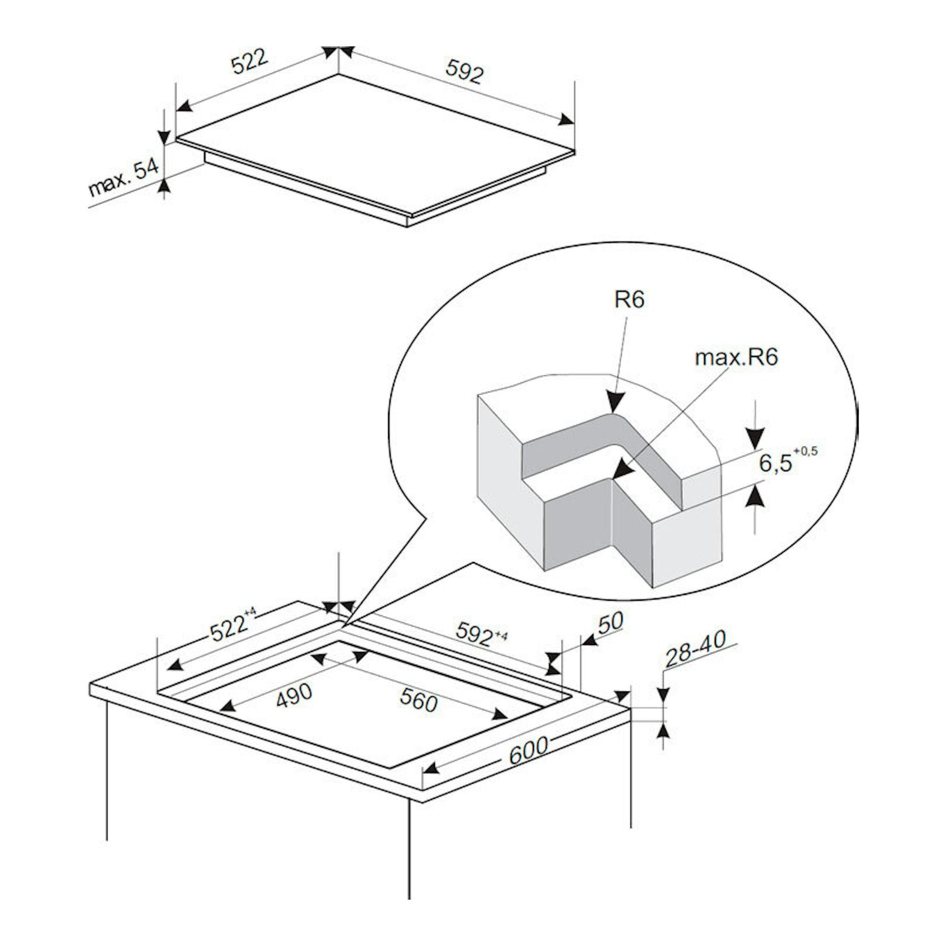 Diagrama técnico de instalación de placa de inducción Fagor 3IF-41BC, vista superior, medidas en mm.