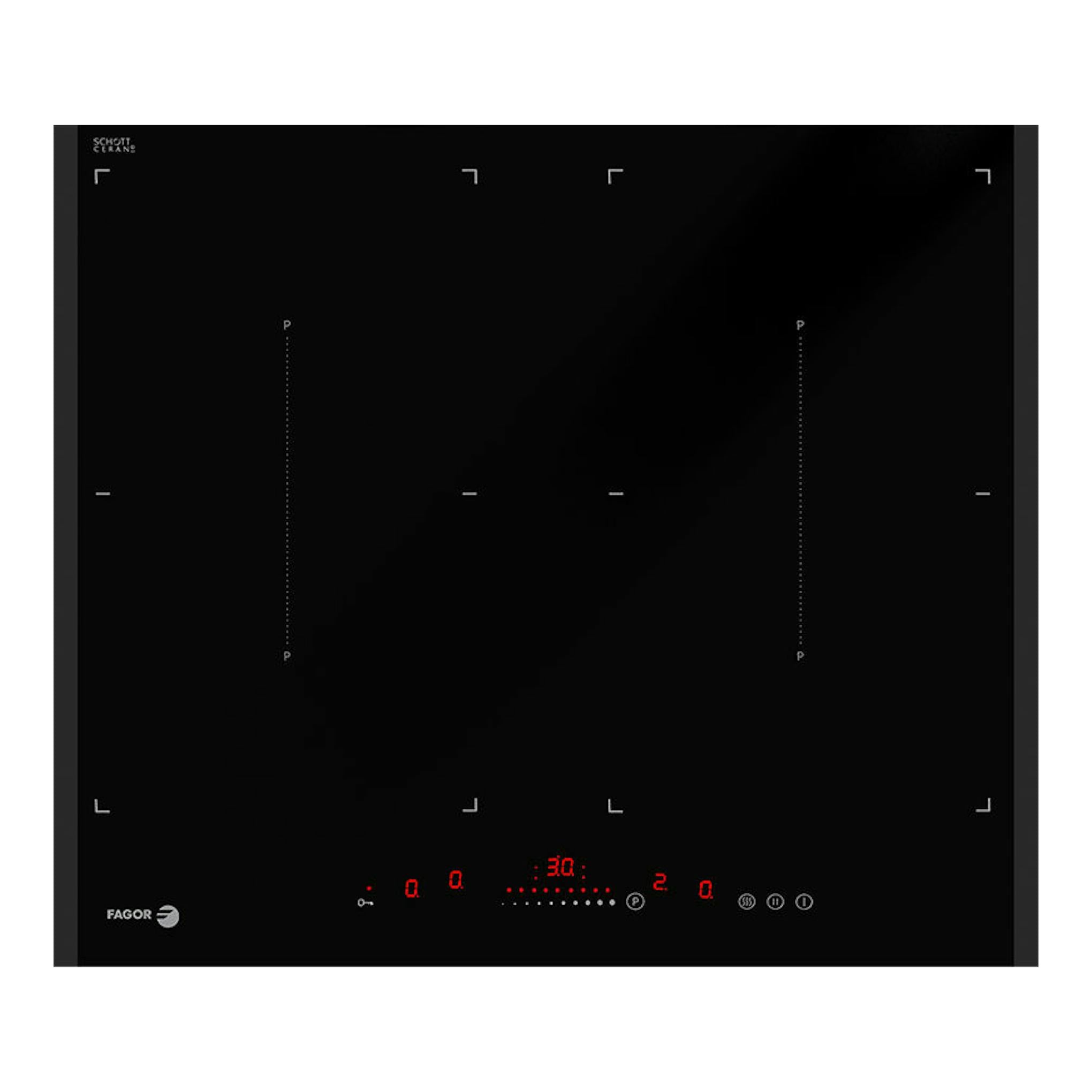 Placa de inducción Fagor 3IF-ZONE40BL negra, vista frontal, con controles táctiles y display rojo.