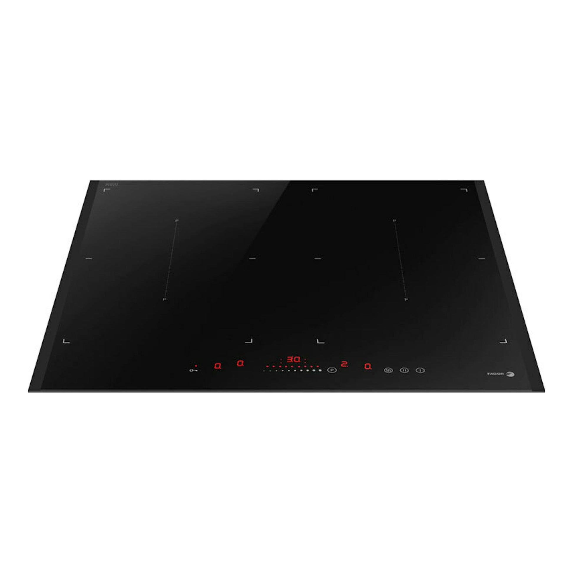 Placa de inducción Fagor 3IF-ZONE40BL negra, vista en ángulo, con controles táctiles y cuatro zonas.