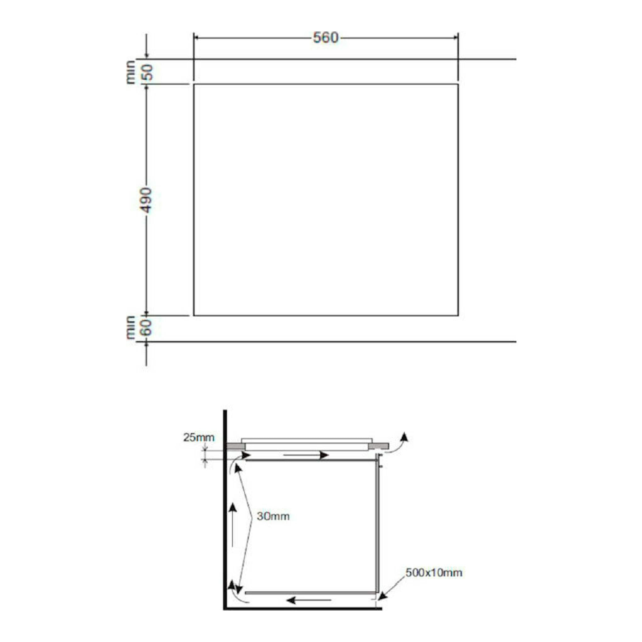 Diagrama técnico de la placa de inducción Fagor 3IF305BC, con medidas 560 x 490 mm y vista lateral.