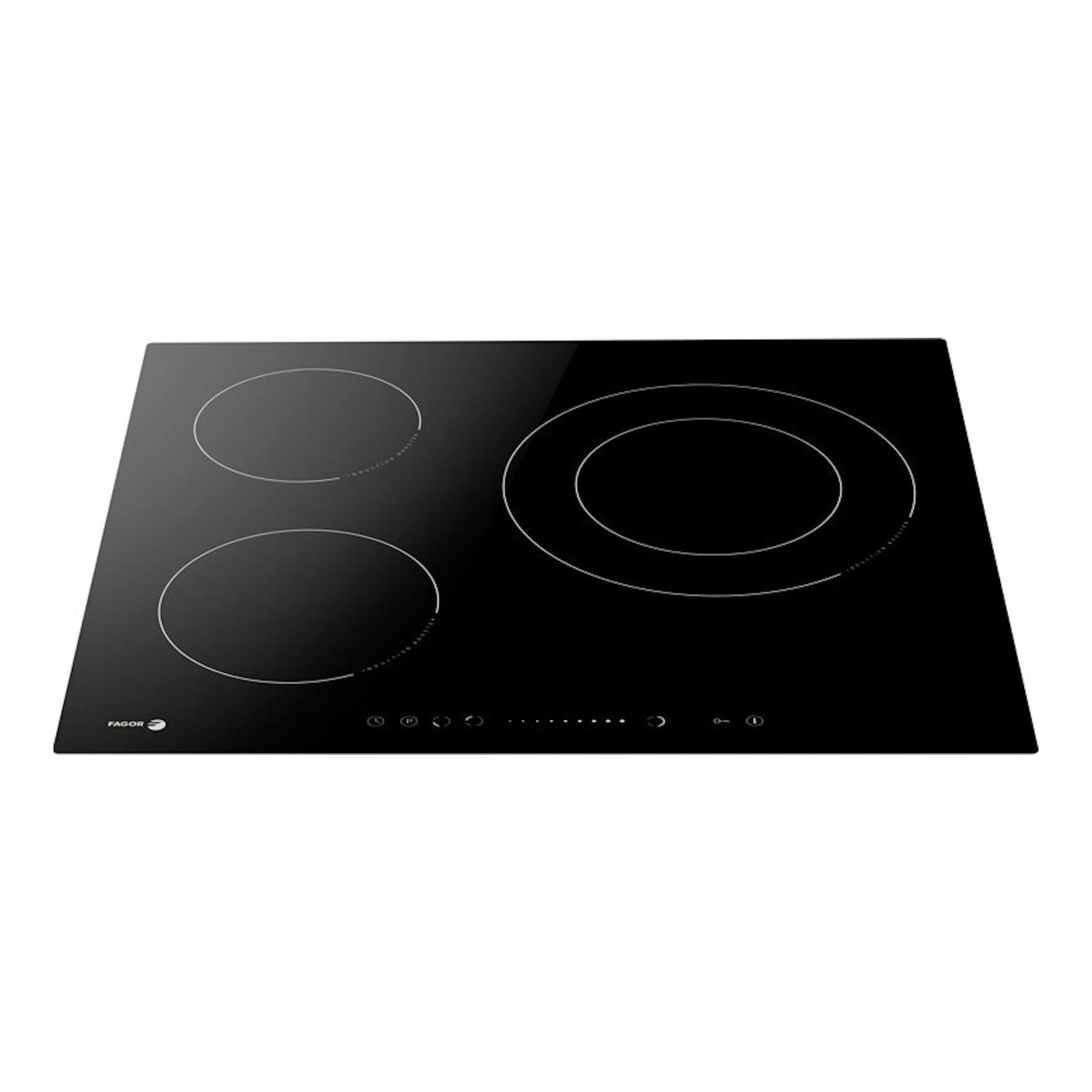 Placa de inducción Fagor negra, vista frontal inclinada, con tres zonas de cocción circulares.
