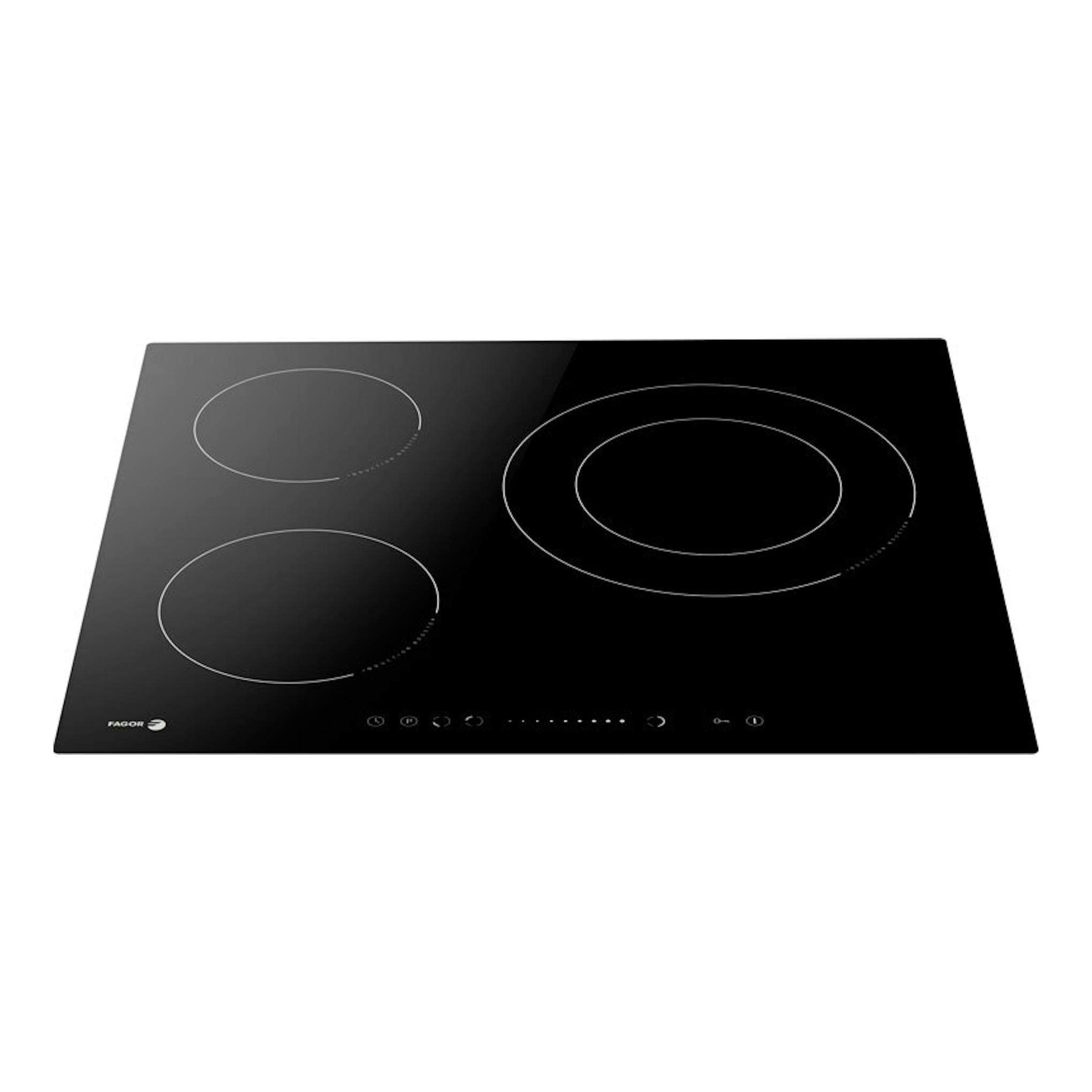 Placa de inducción Fagor negra, vista frontal inclinada, con tres zonas de cocción circulares.