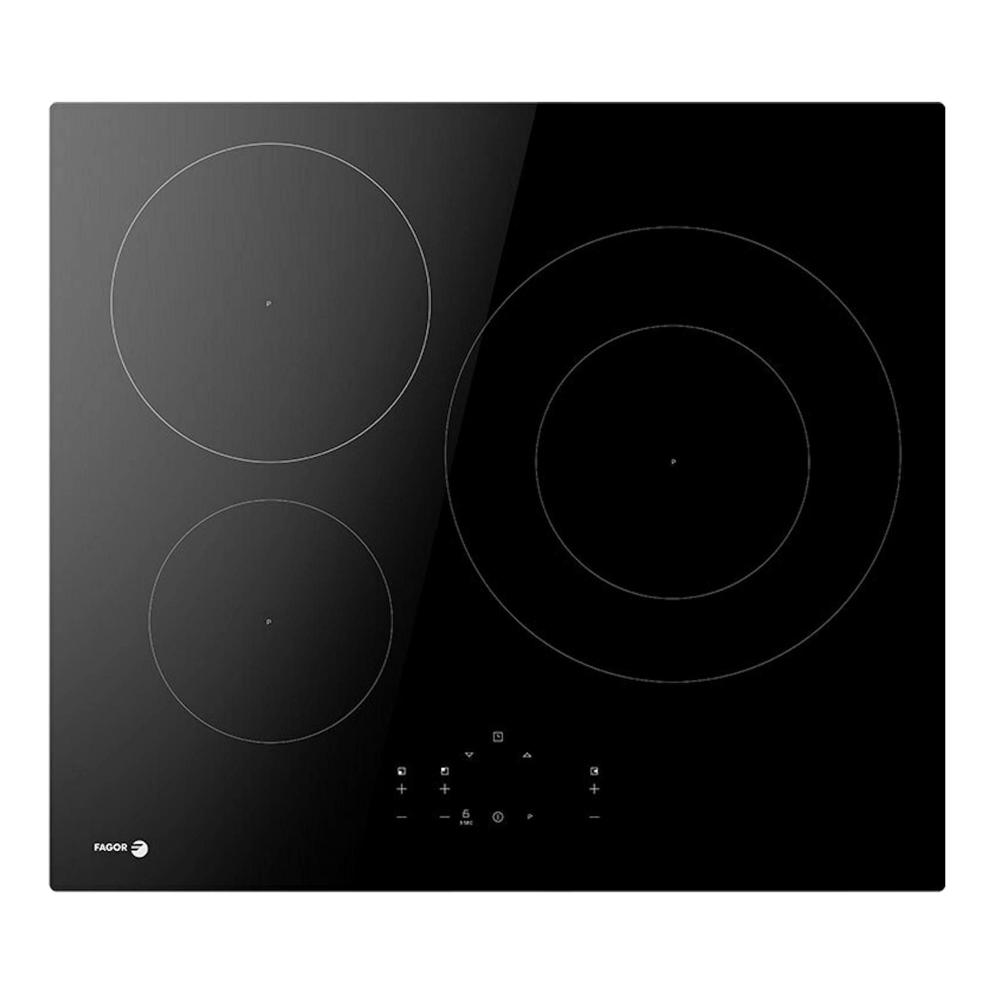 Placa de inducción Fagor negra, vista frontal, de 60 cm, con tres zonas circulares y panel táctil.
