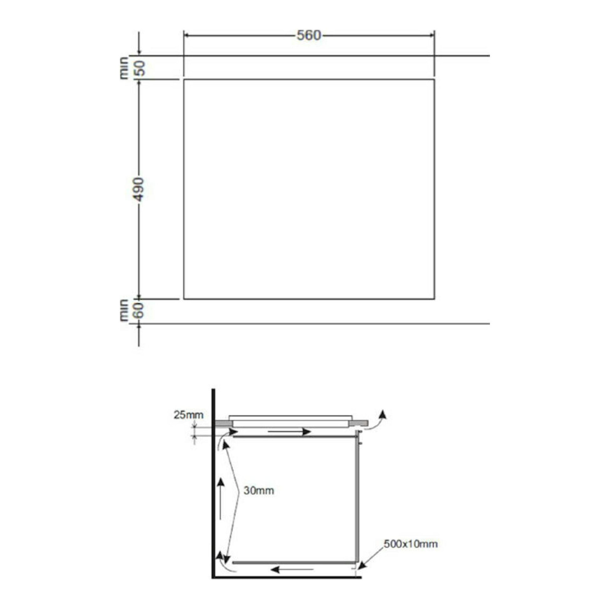 Esquema técnico de instalación de placa inducción Fagor 3IF332AC, vista frontal y lateral, 560x490 mm.