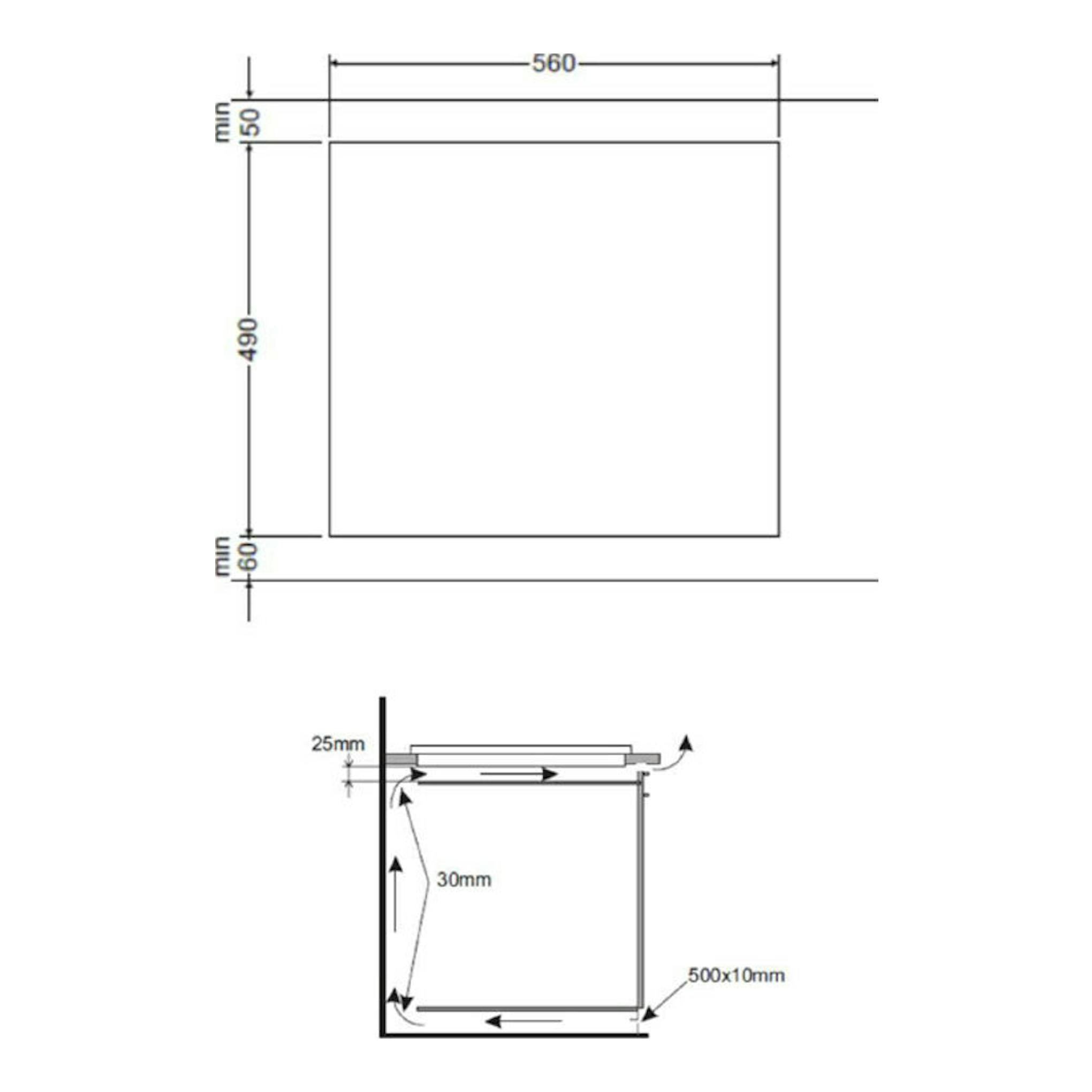 Esquema técnico de instalación de placa inducción Fagor 3IF332AC, vista frontal y lateral, 560x490 mm.
