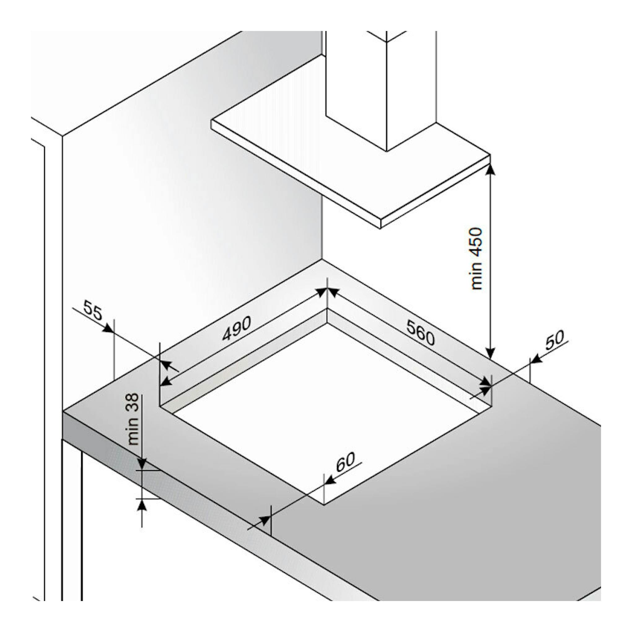 Dibujo técnico isométrico de la placa de inducción Fagor 3IF355BS, con hueco de encastre y medidas.
