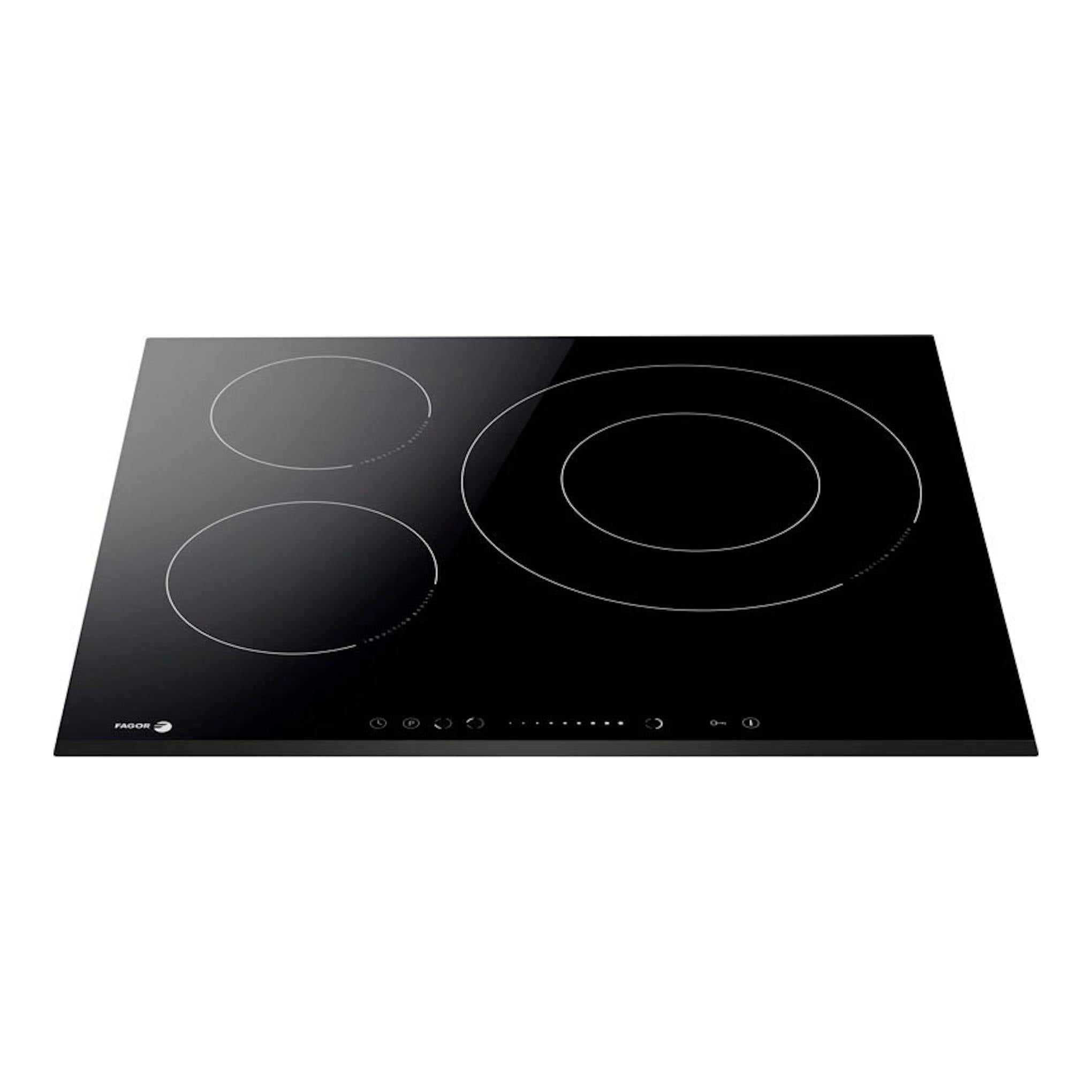 Placa de inducción Fagor 3IF355BS negra, vista frontal en ángulo, con 3 zonas de cocción circulares.