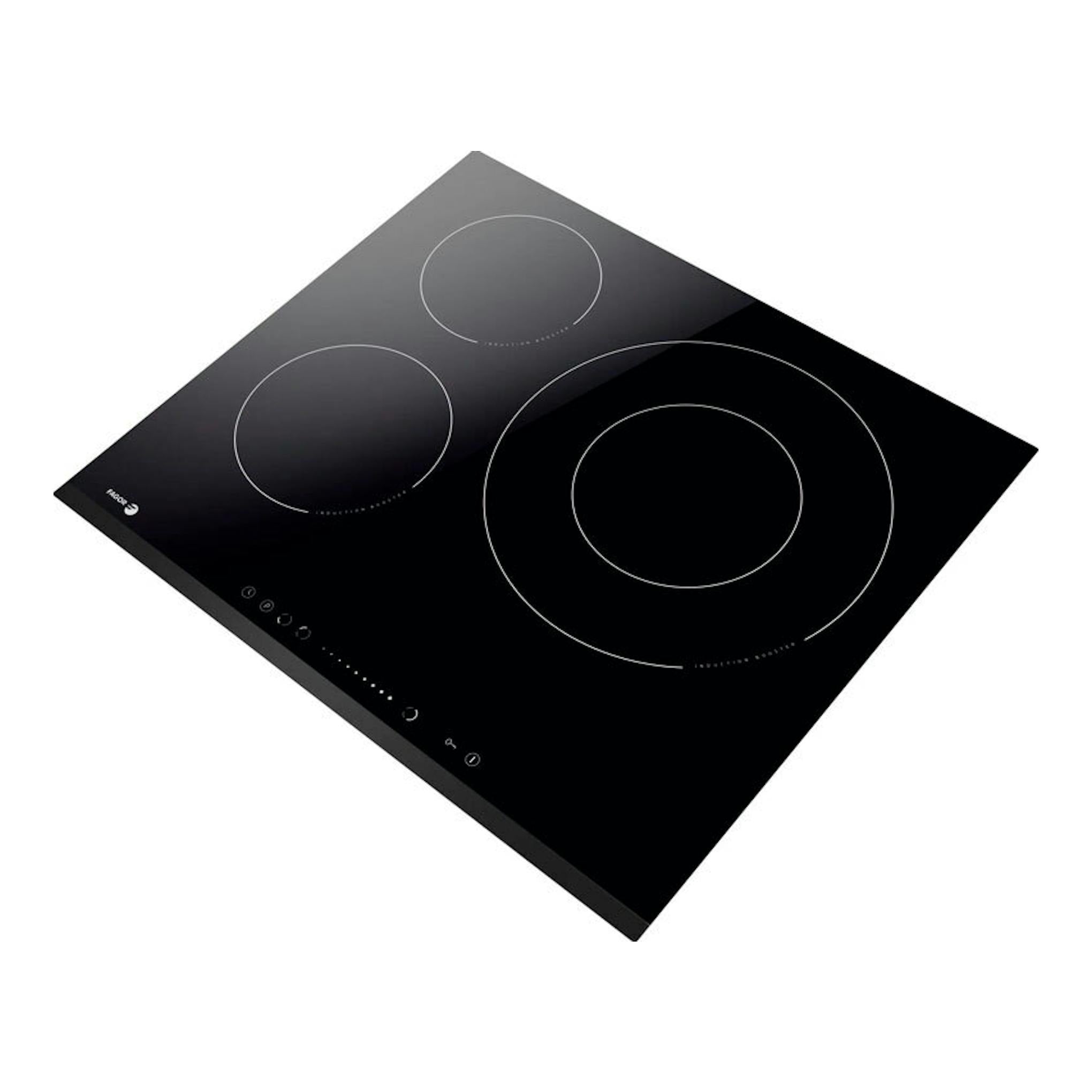 Placa de inducción Fagor 3IF355BS negra, vista en ángulo, con tres zonas de cocción.