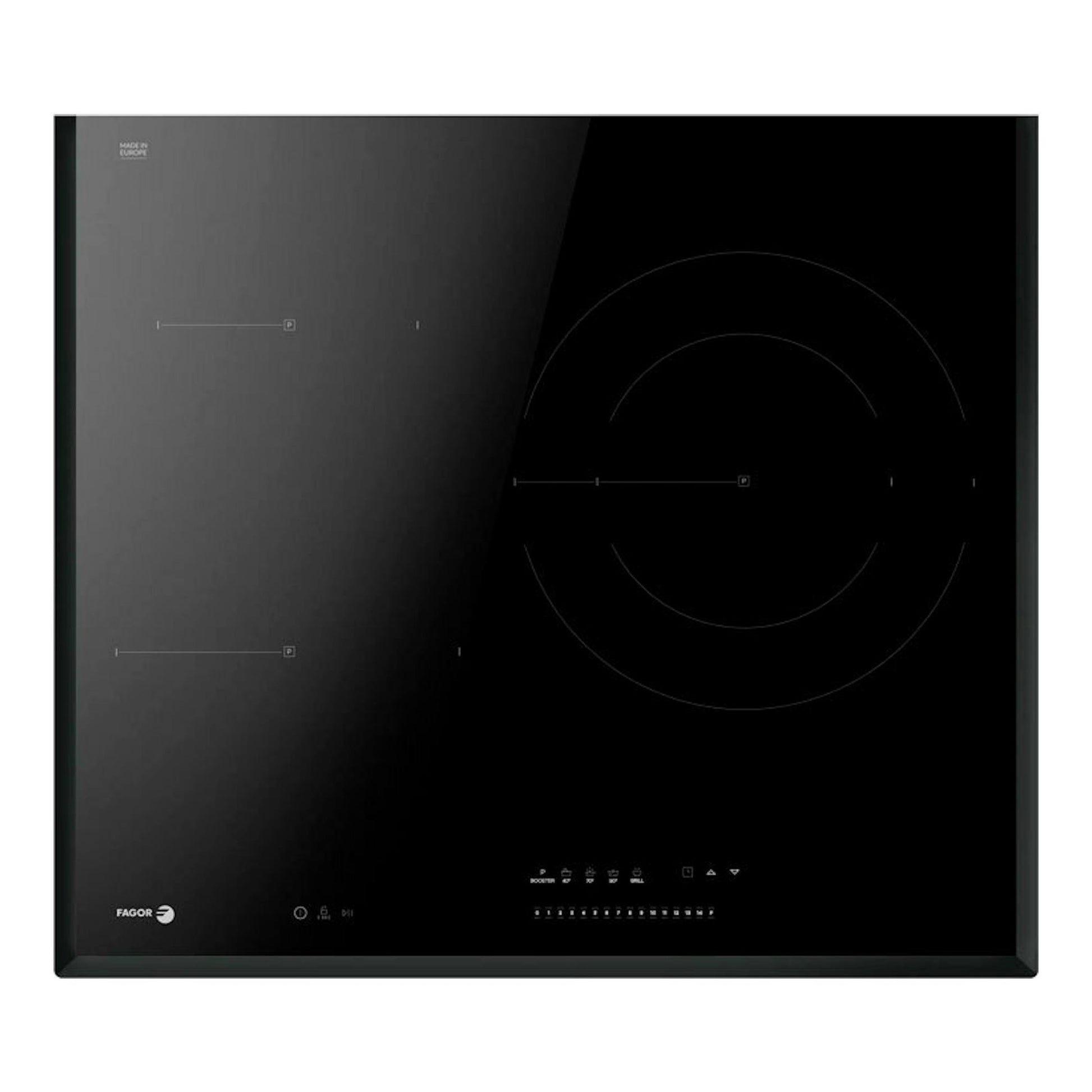 Placa de inducción Fagor 4IF-30B3S negra, vista frontal, con cuatro zonas y panel táctil.