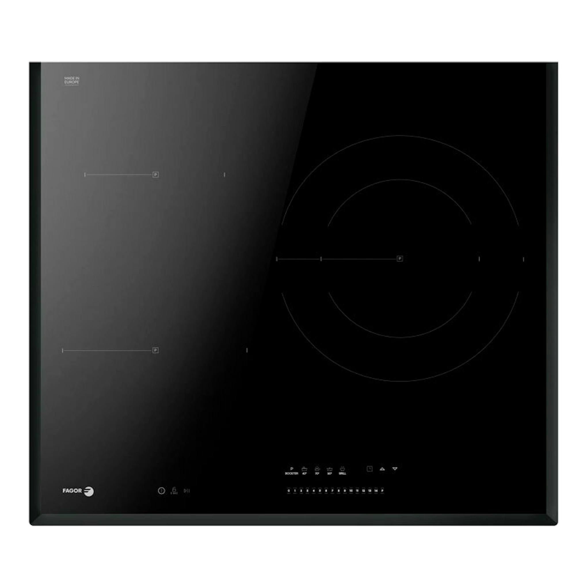 Placa de inducción Fagor 4IF-30B3S negra, vista frontal, con cuatro zonas y panel táctil.