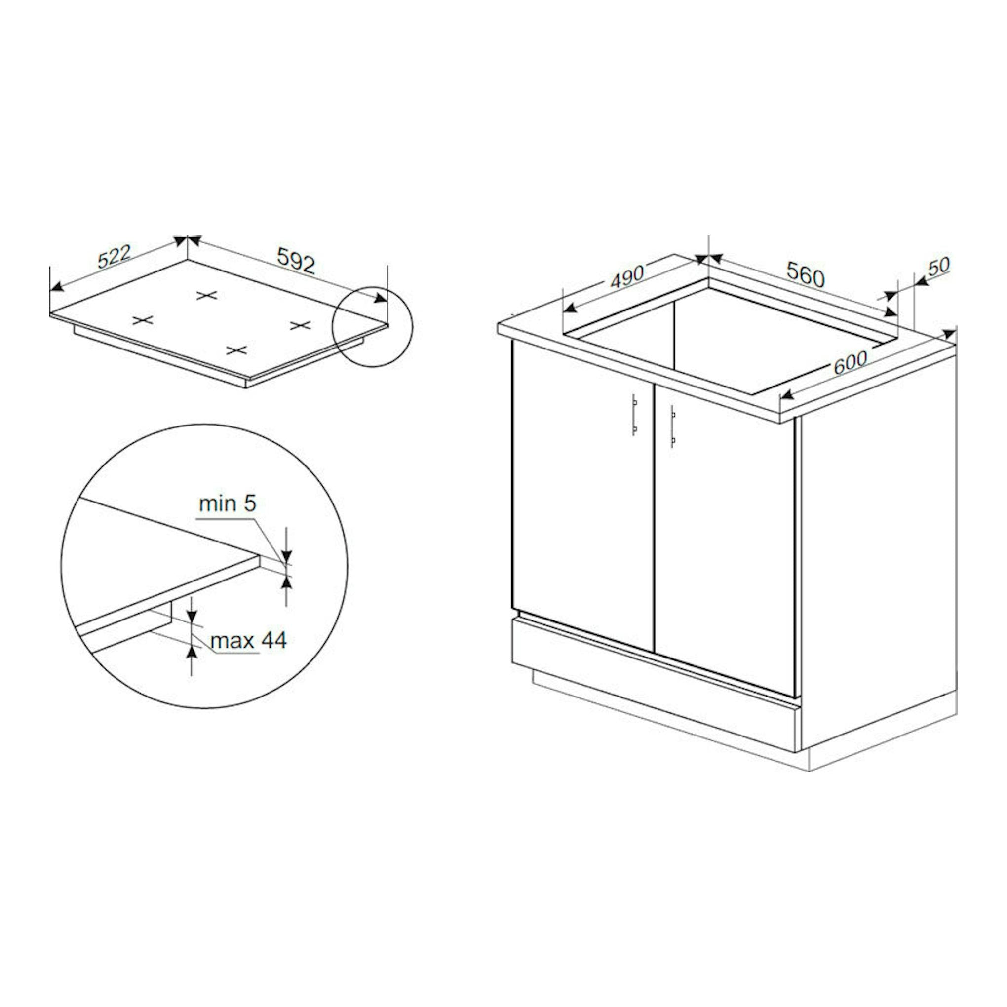 Diagrama técnico de placa de inducción Fagor 4IF-30B3S, vista superior, con medidas de encastre y mueble.