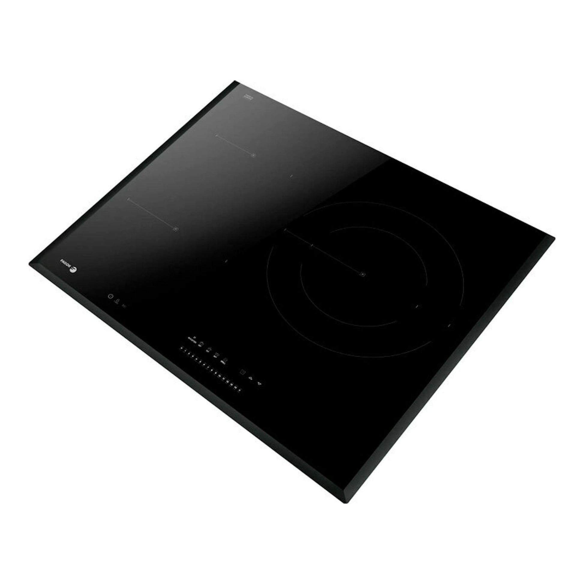 Placa de inducción Fagor 4IF-30B3S negra, vista en perspectiva, de 4 zonas.