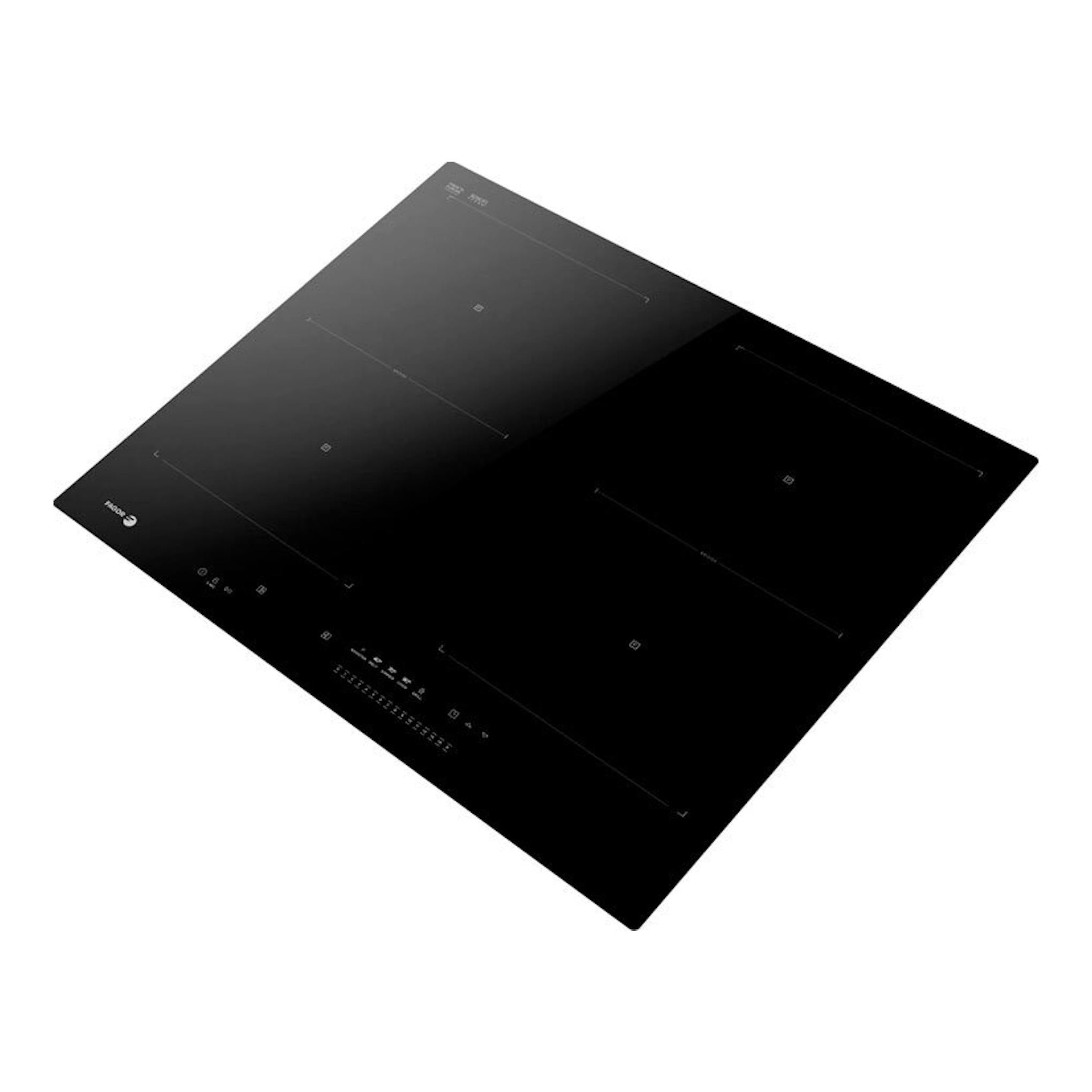 Placa de inducción Fagor 4IF-ZONE40BC negra, vista en ángulo, con cuatro zonas de cocción.