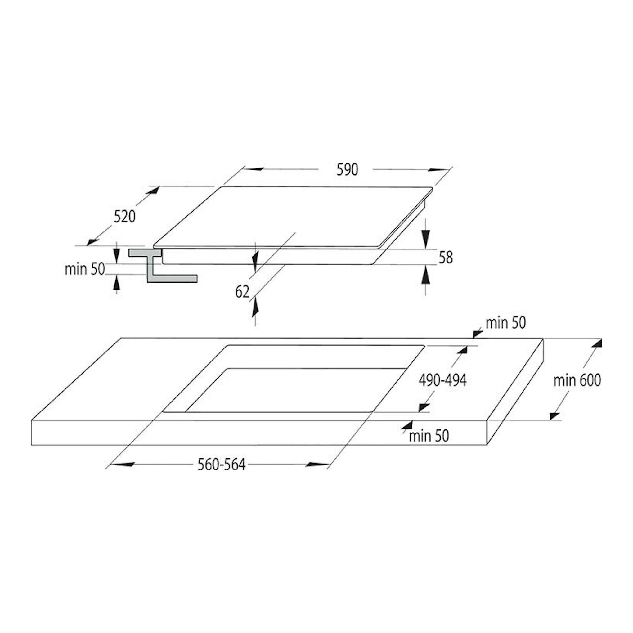 Diagrama técnico de placa de inducción Hisense HI6311BSCE, vista superior y lateral, con medidas en mm.
