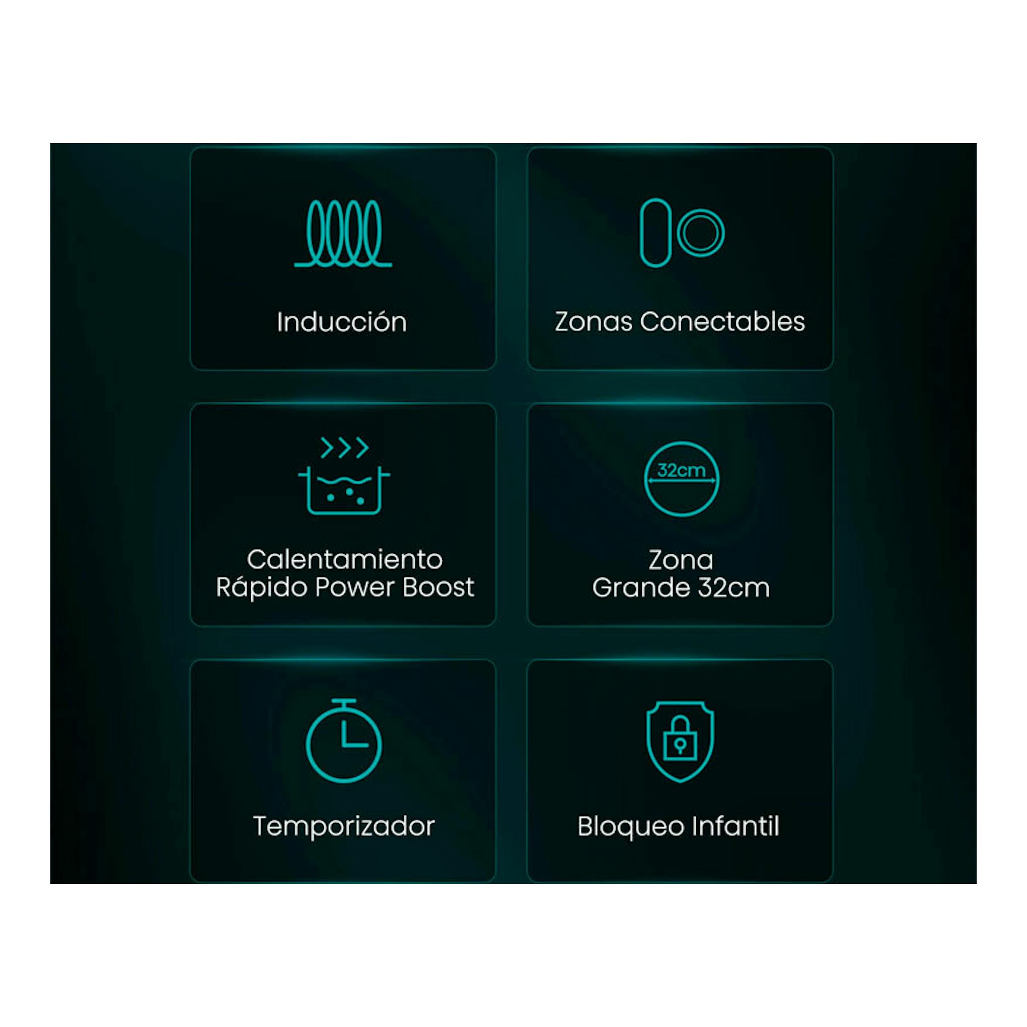 Hisense HI6321BSCE: iconos de placa de inducción con zonas conectables, Power Boost, temporizador y bloqueo infantil.