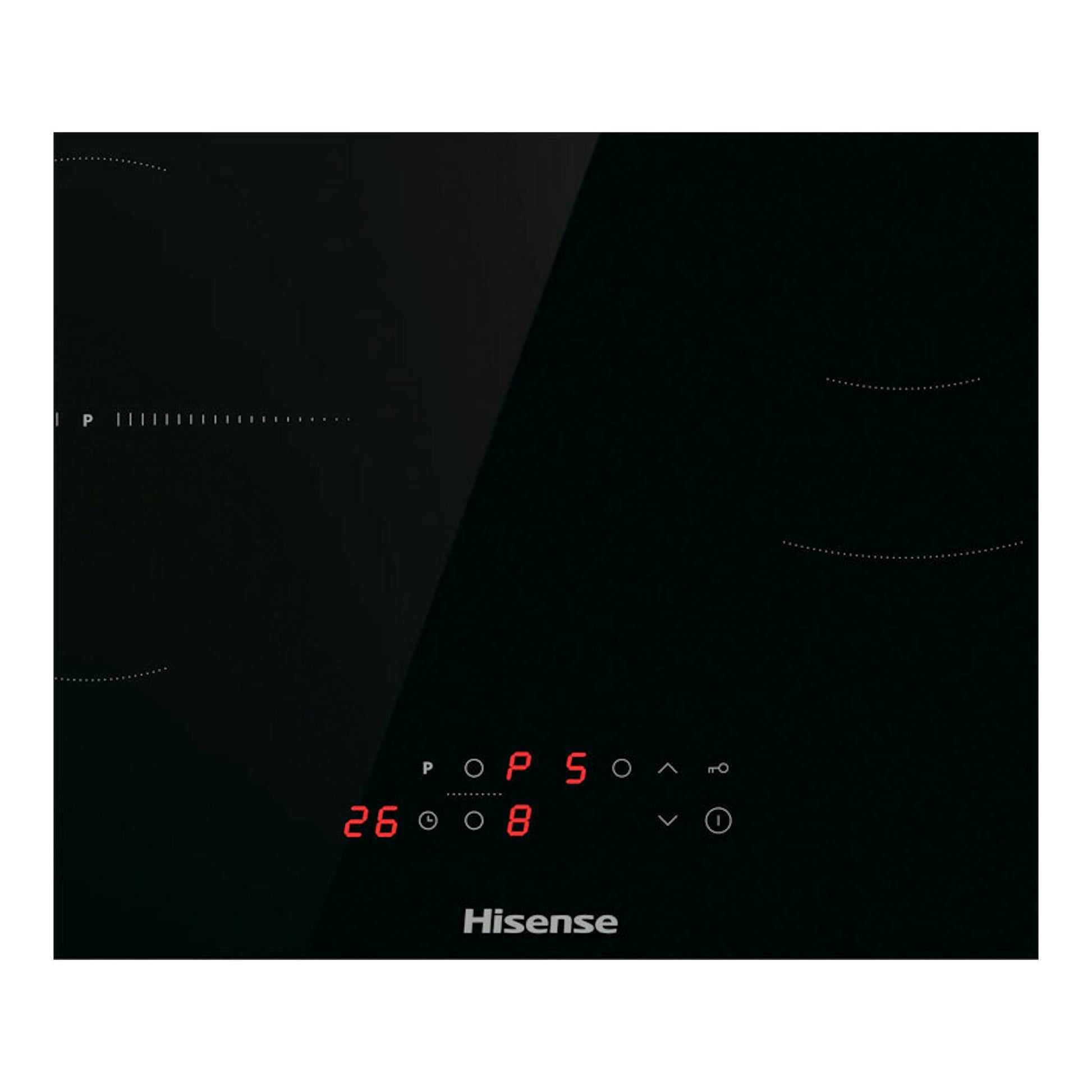 Placa de inducción Hisense HI6321BSCE negra, vista frontal superior, con mandos táctiles iluminados.
