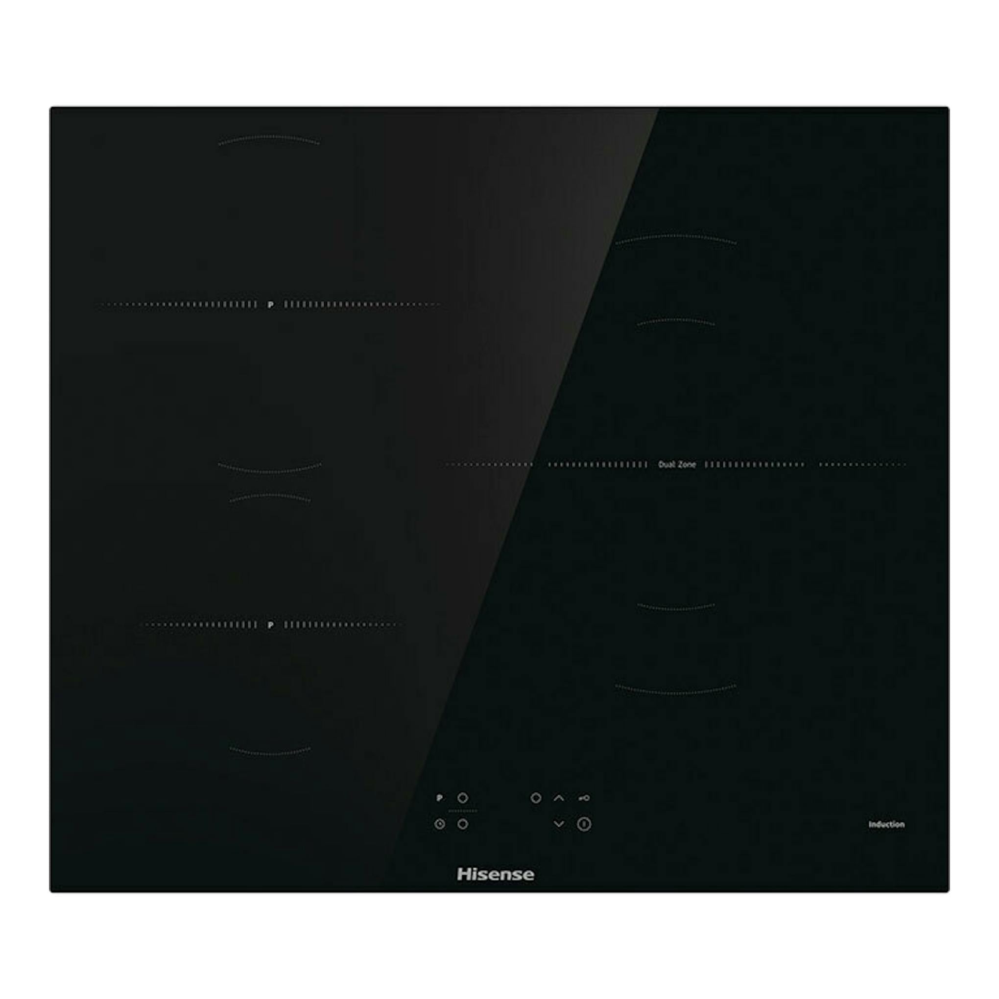 Placa de inducción Hisense HI6321BSOLCE negra, vista frontal, con cuatro zonas de cocción táctiles.