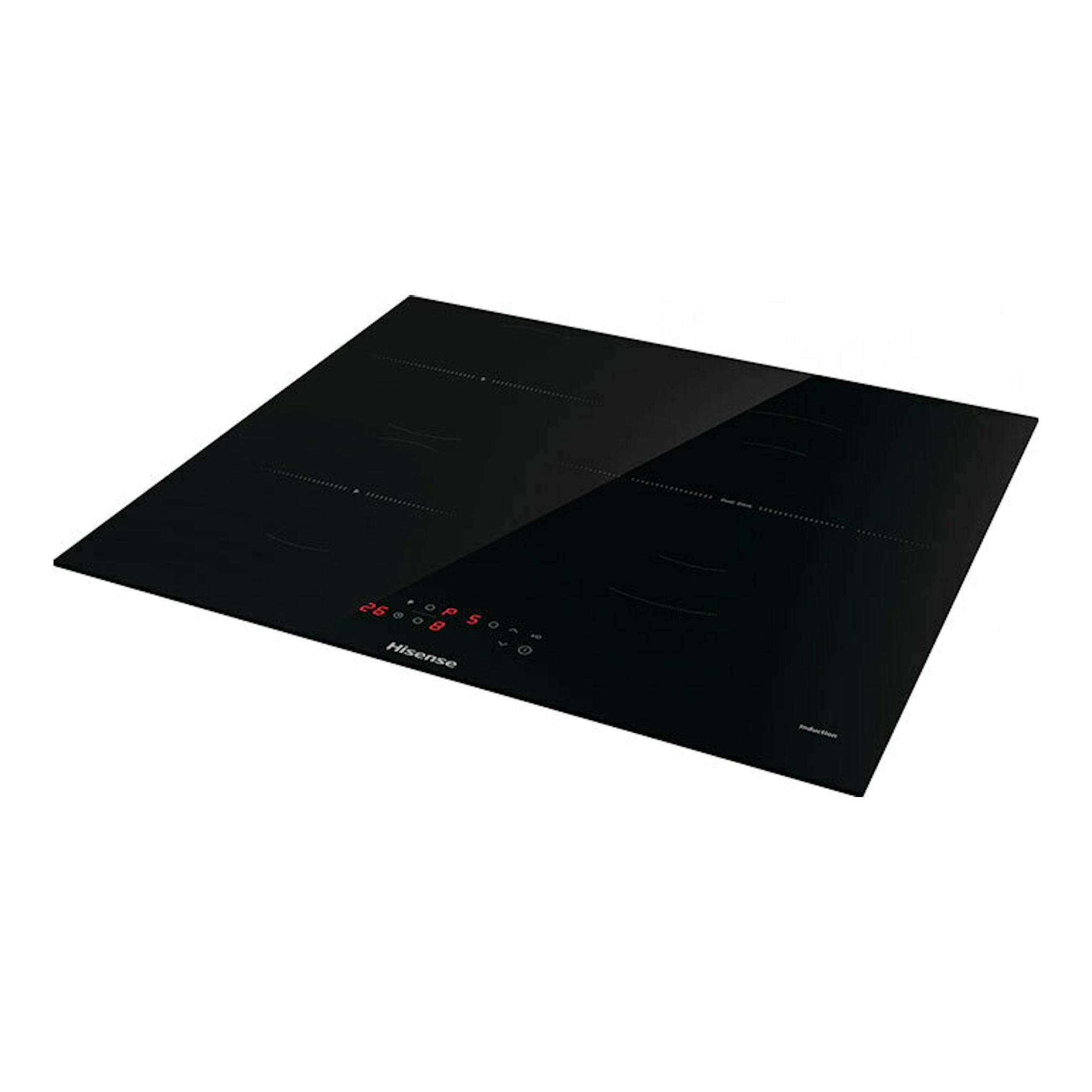 Placa de inducción Hisense HI6321BSOLCE negra, vista en perspectiva, con controles táctiles iluminados.