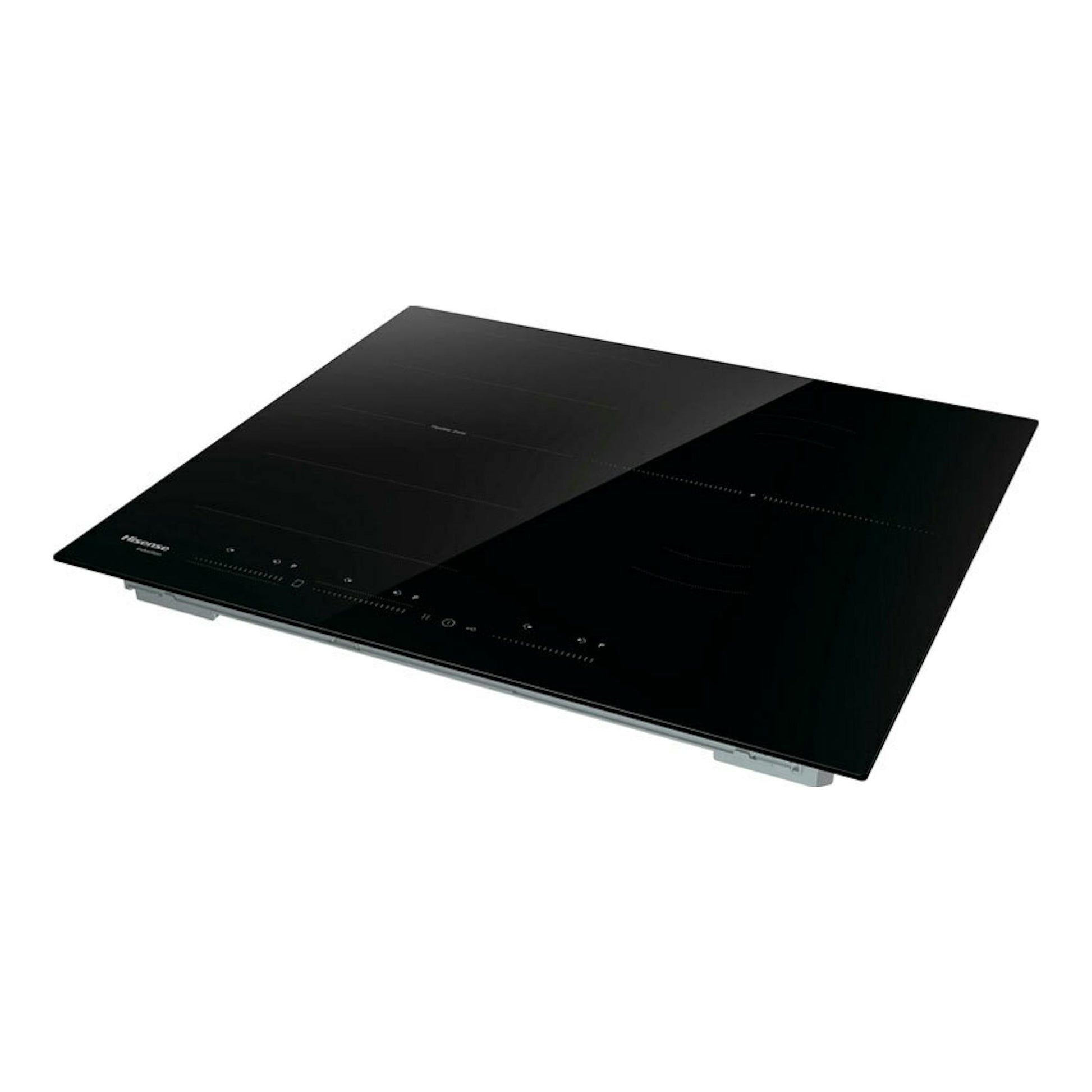 Placa de inducción Hisense HI6352BSCE negra, vista en ángulo, con panel táctil frontal.