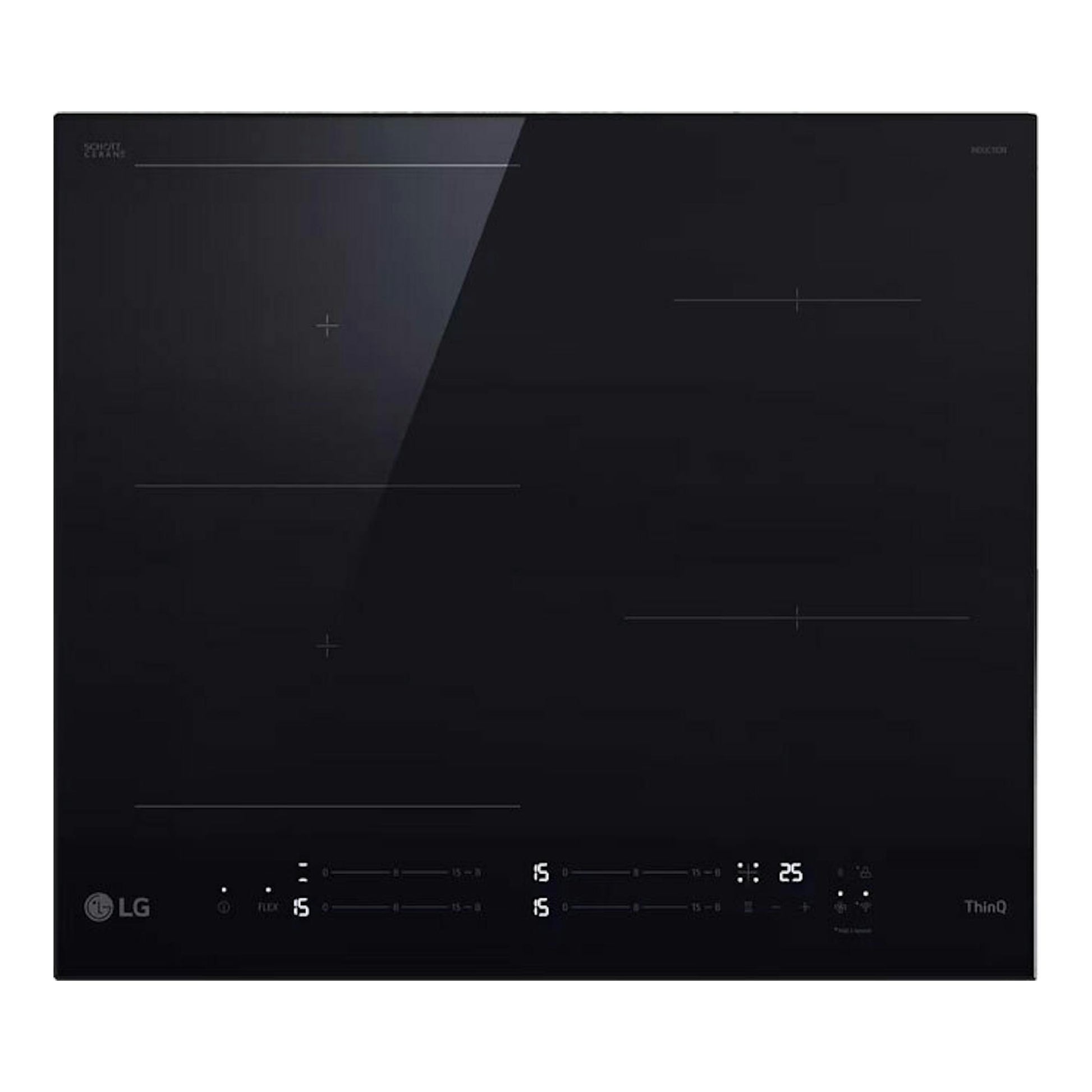 Placa de inducción LG CBIZ2437B negra, vista frontal superior, con mandos táctiles en la parte inferior.
