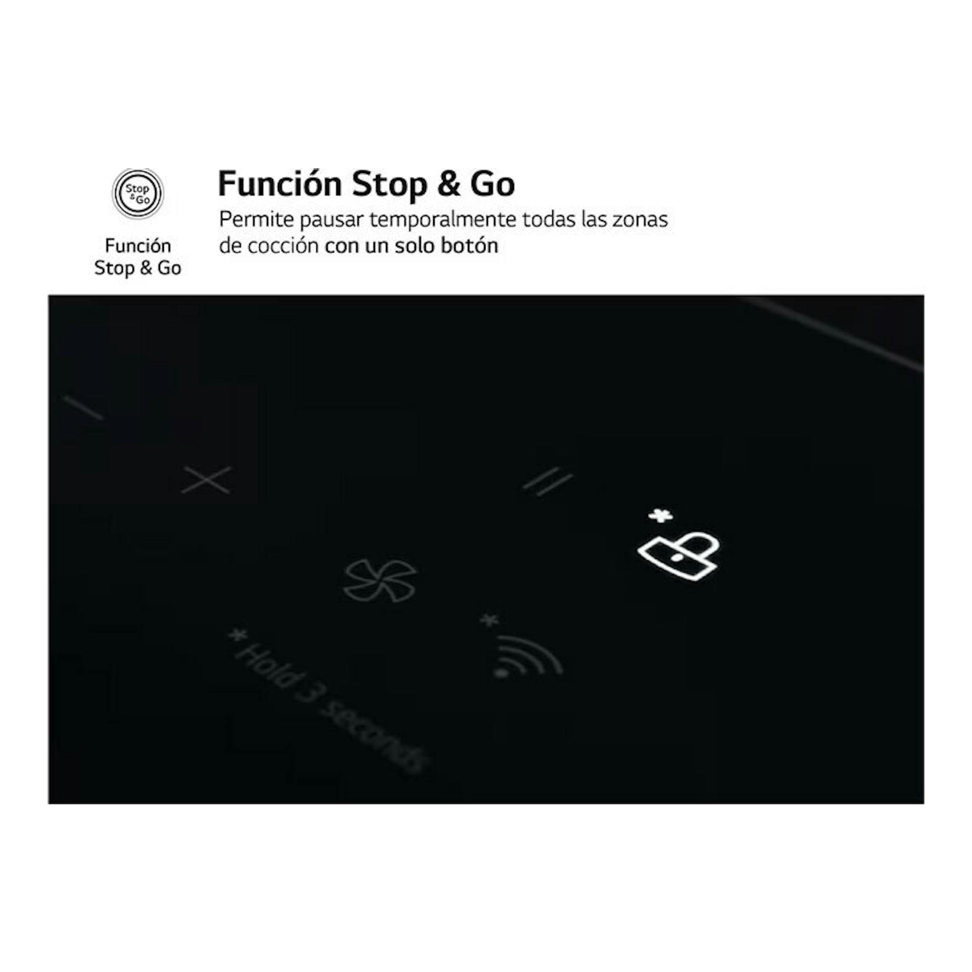 Placa de inducción LG CBIZ2437B negra, vista frontal parcial, con iconos Stop & Go y bloqueo.