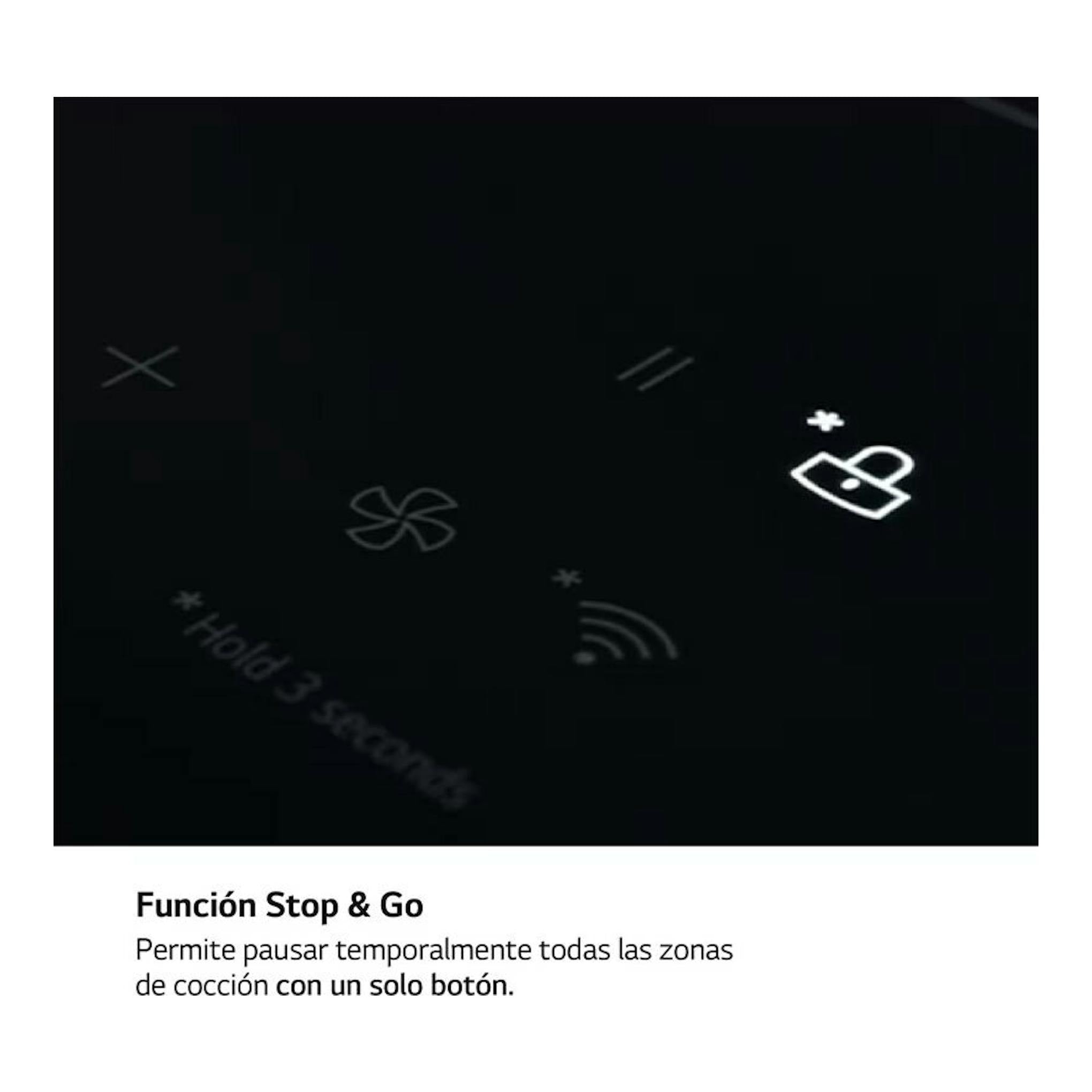Placa de inducción LG CBIZ2437B negra, vista de cerca del panel táctil con iconos y función Stop & Go.