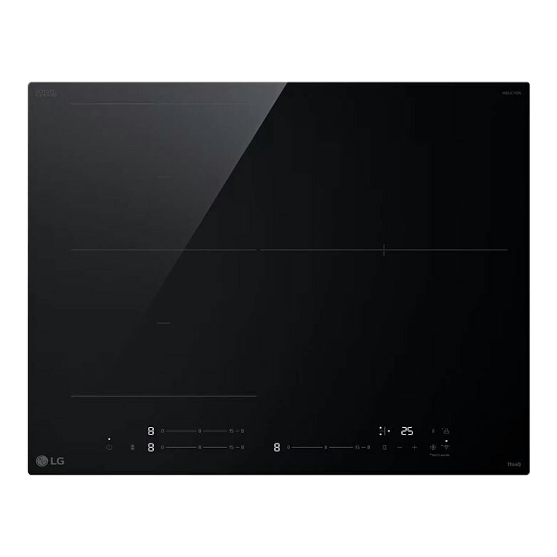 Placa de inducción LG CBIZ2437B negra, vista frontal, con panel táctil y cuatro zonas.