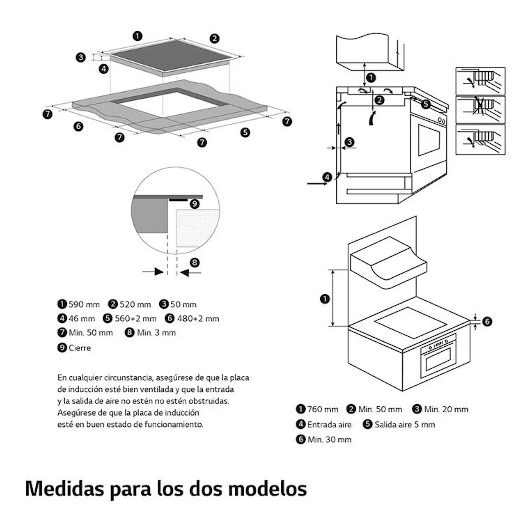 Diagrama técnico de instalación de la placa de inducción LG CBIZ2437B de 52 cm, con vistas y medidas.