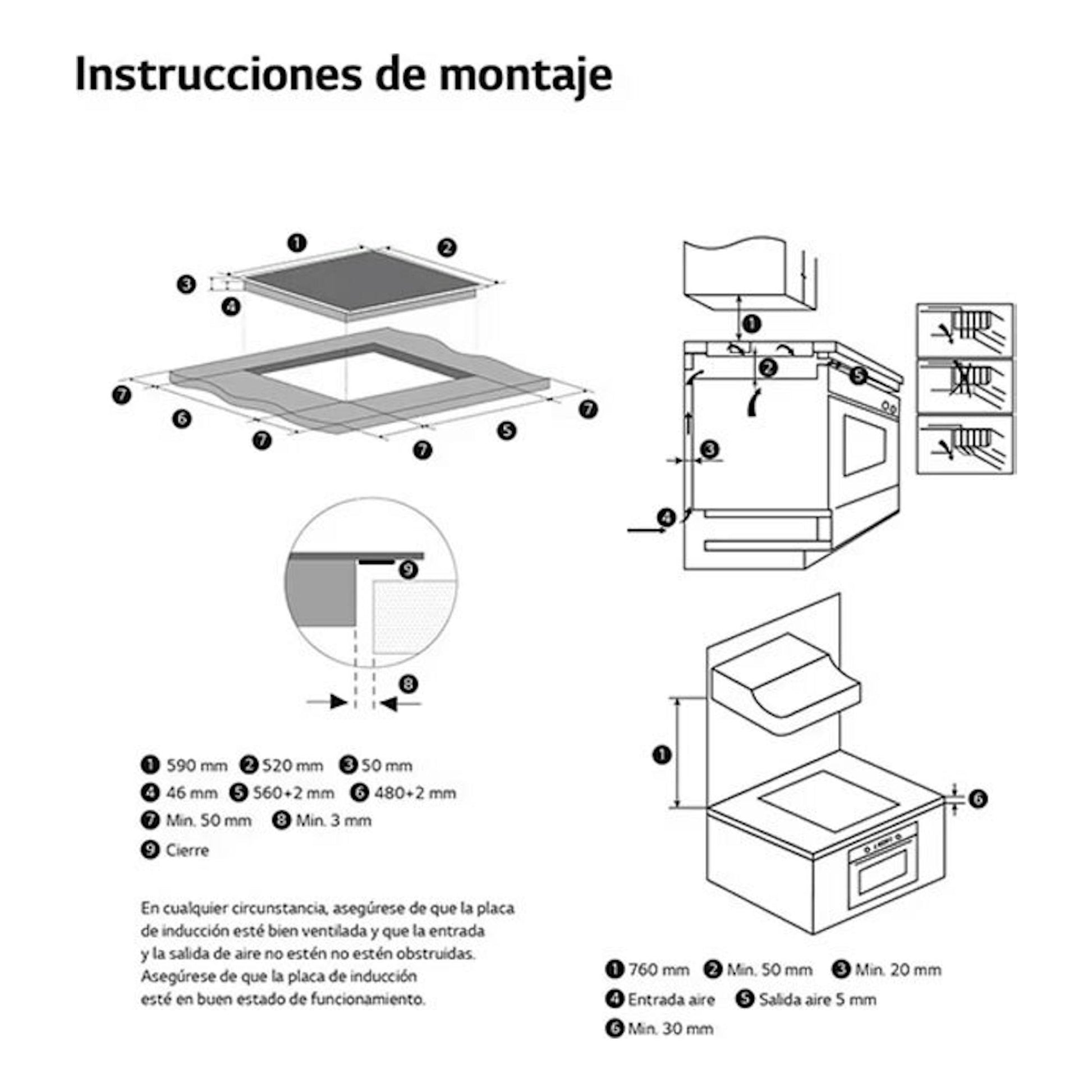 Instrucciones de montaje de placa de inducción LG CBIZ2437B, con esquemas en blanco y negro y medidas.