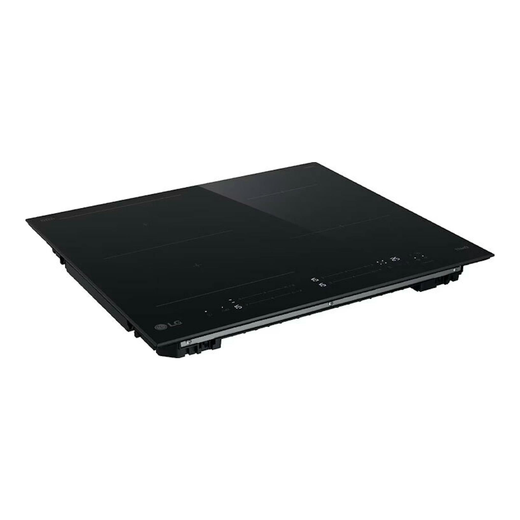 Placa de inducción LG CBIZ2437B negra, vista en ángulo de tres cuartos sobre fondo blanco.