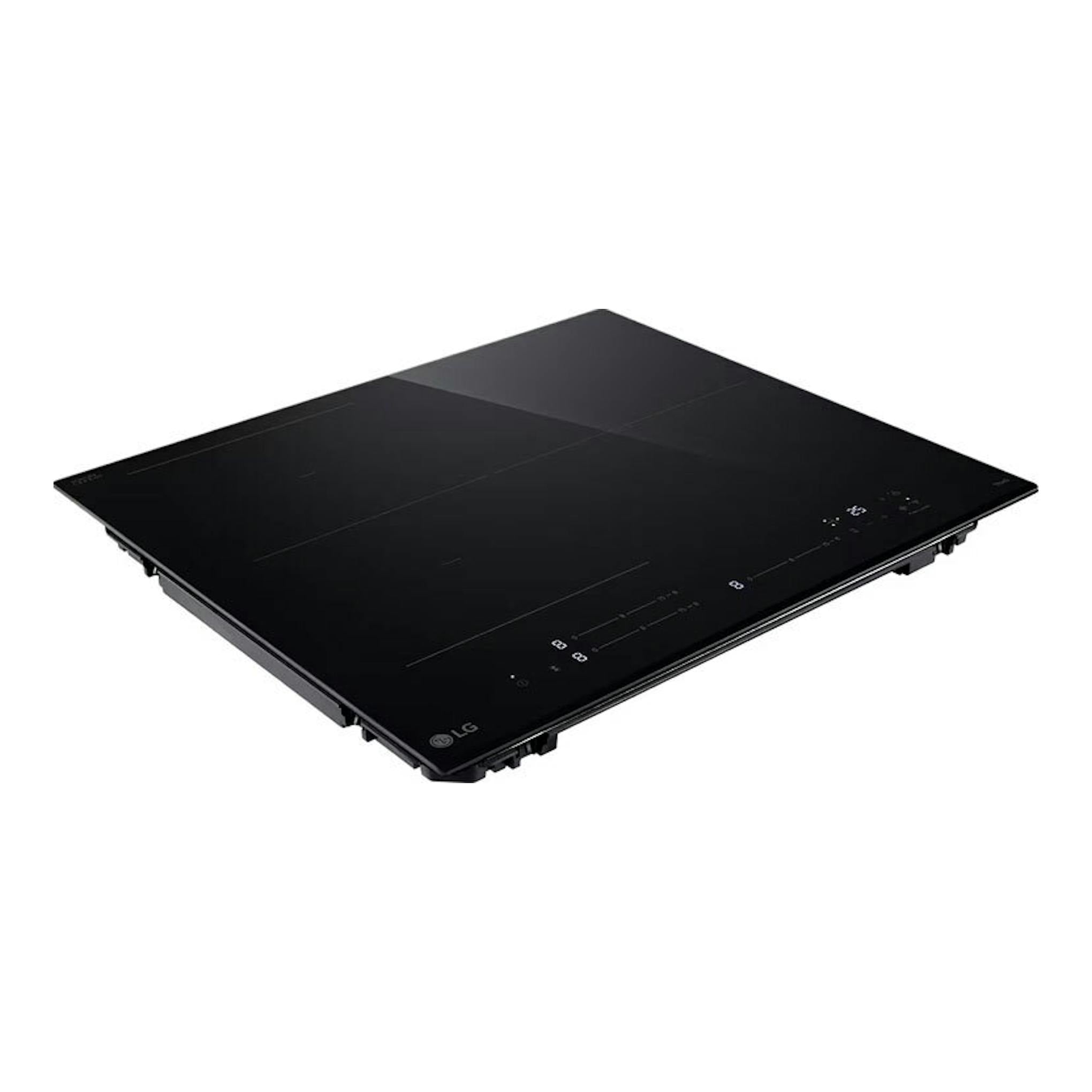 Placa de inducción LG CBIZ2437B negra, vista en ángulo, con superficie de vidrio y controles táctiles.