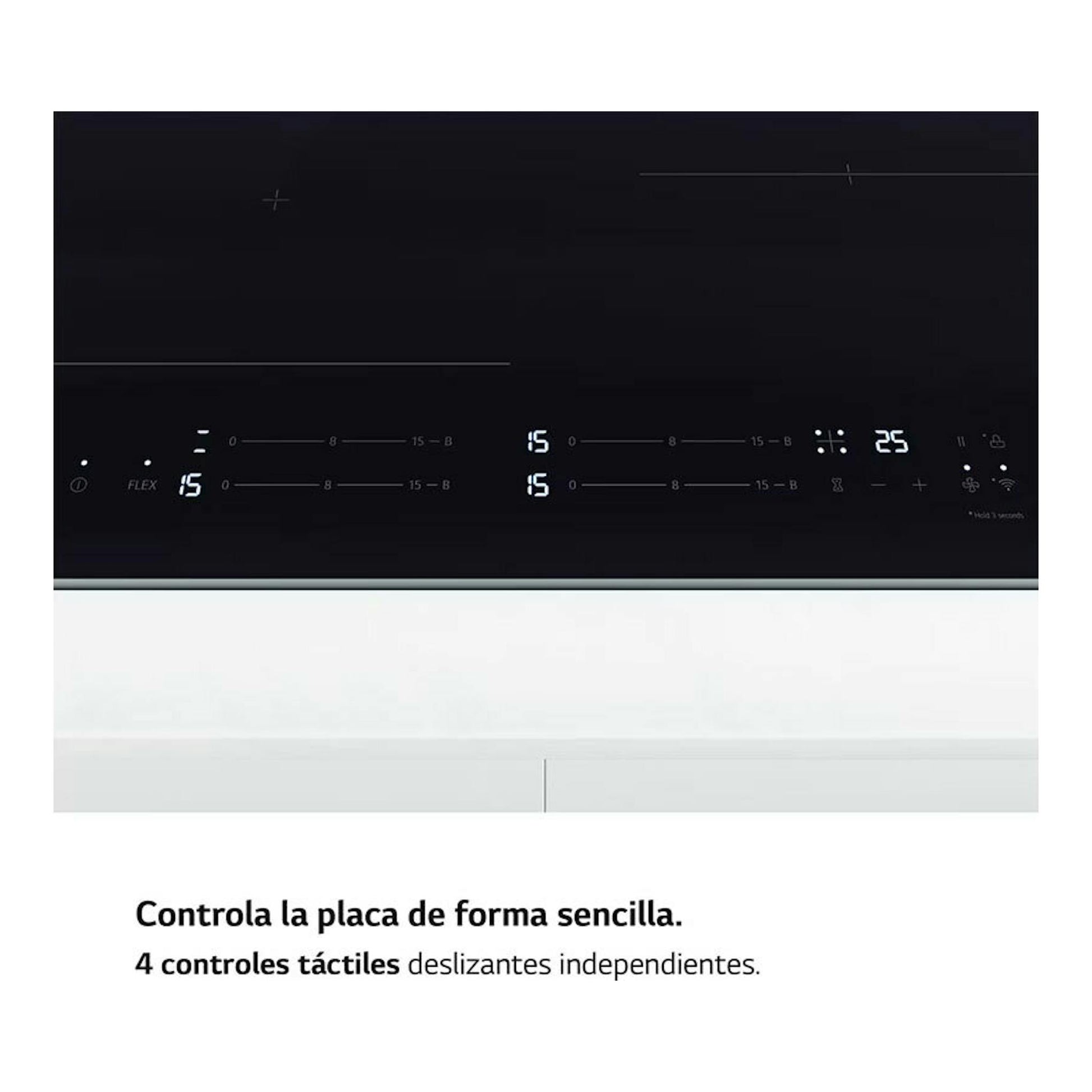 Placa de inducción LG CBIZ2437B negra, vista frontal con panel táctil y controles digitales.