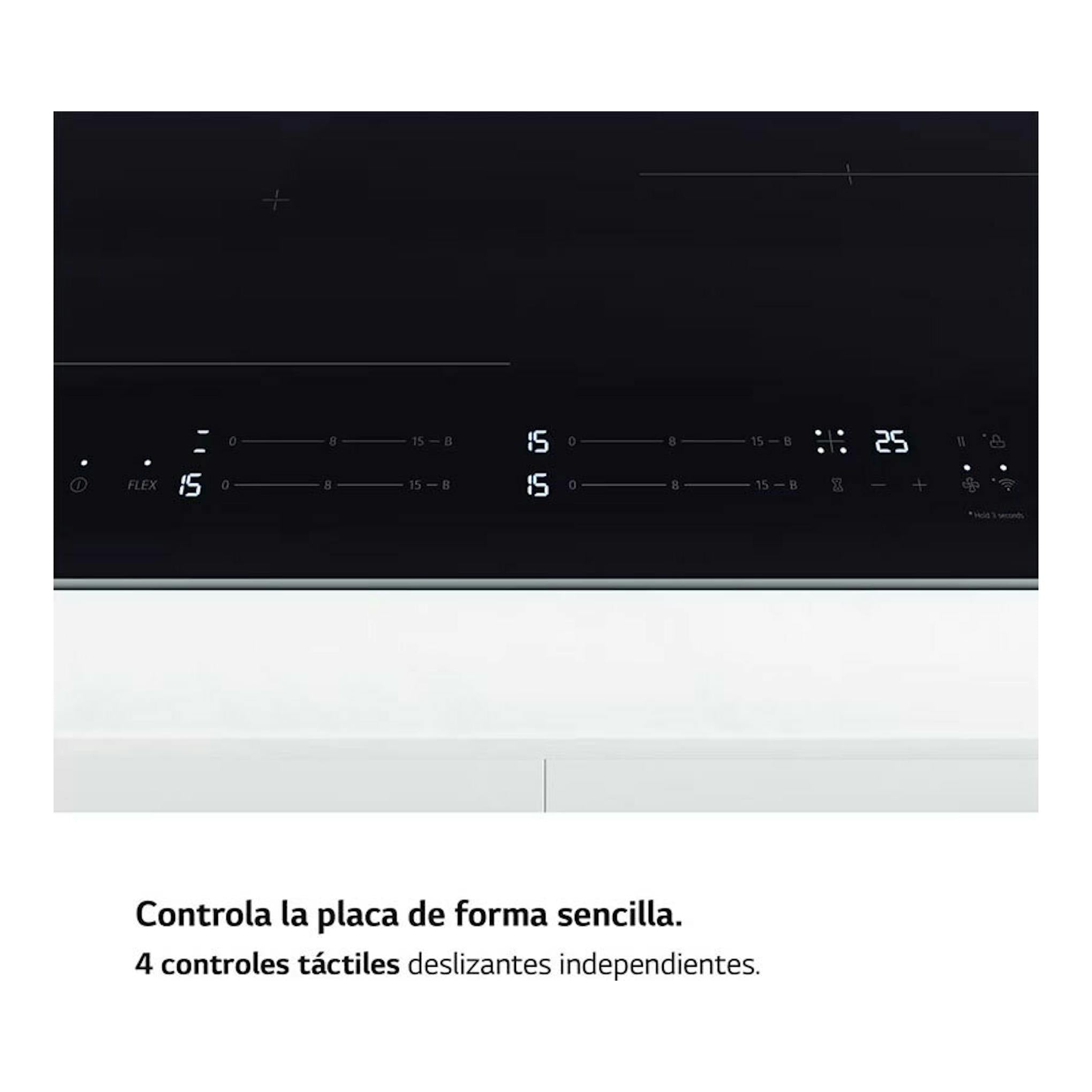 Placa de inducción LG CBIZ2437B negra, vista frontal con panel táctil y controles digitales.