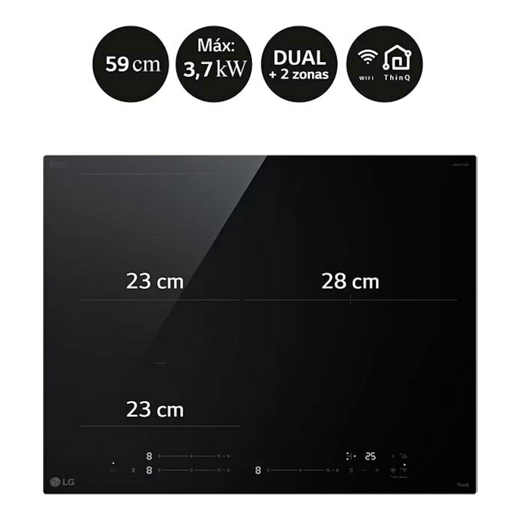 Placa de inducción LG CBIZ2437B negra, vista frontal, 59 cm, 2 zonas duales y WiFi ThinQ.
