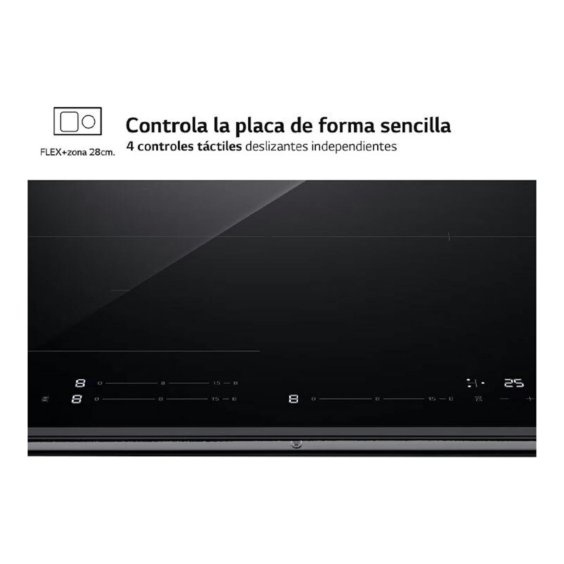 Placa de inducción LG CBIZ2437B negra, vista frontal, con controles táctiles y zona Flex.