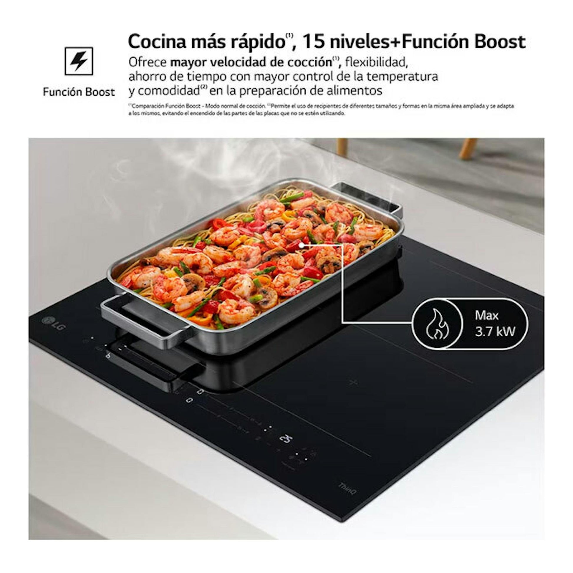 Placa de inducción LG CBIZ2437B negra, vista en ángulo, con bandeja rectangular de comida sobre la zona de cocción.