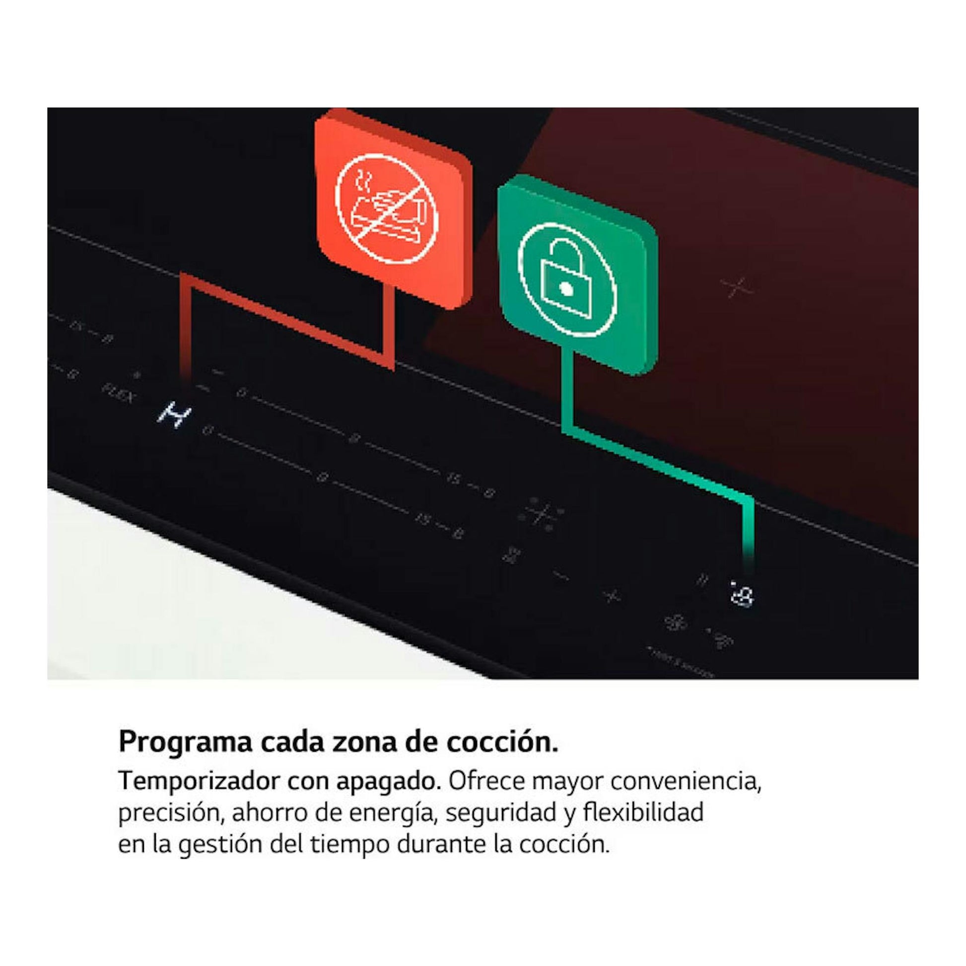 Placa de inducción LG CBIZ2437B negra, vista en ángulo con controles táctiles y iconos de bloqueo.
