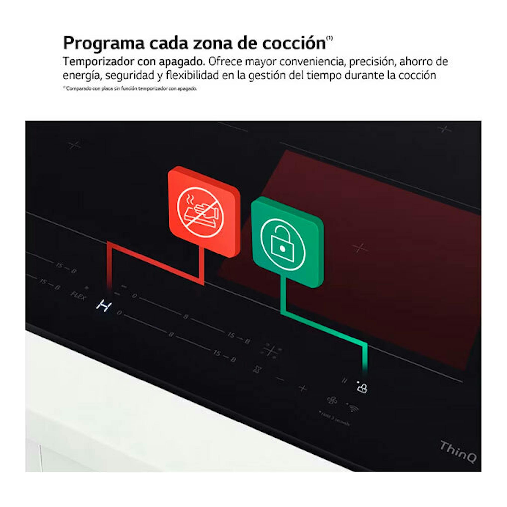 Placa de inducción LG CBIZ2437B negra, vista en ángulo, con panel táctil e iconos de temporizador y bloqueo.