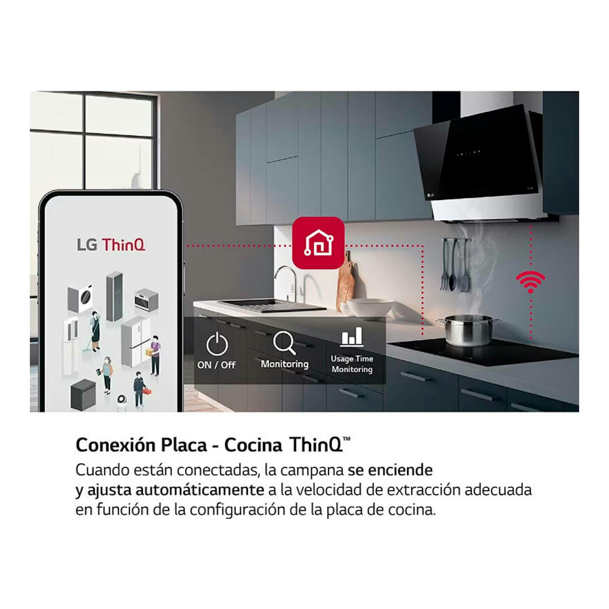 Imagen promocional de cocina con placa de inducción LG CBIZ2437B, campana y móvil ThinQ.