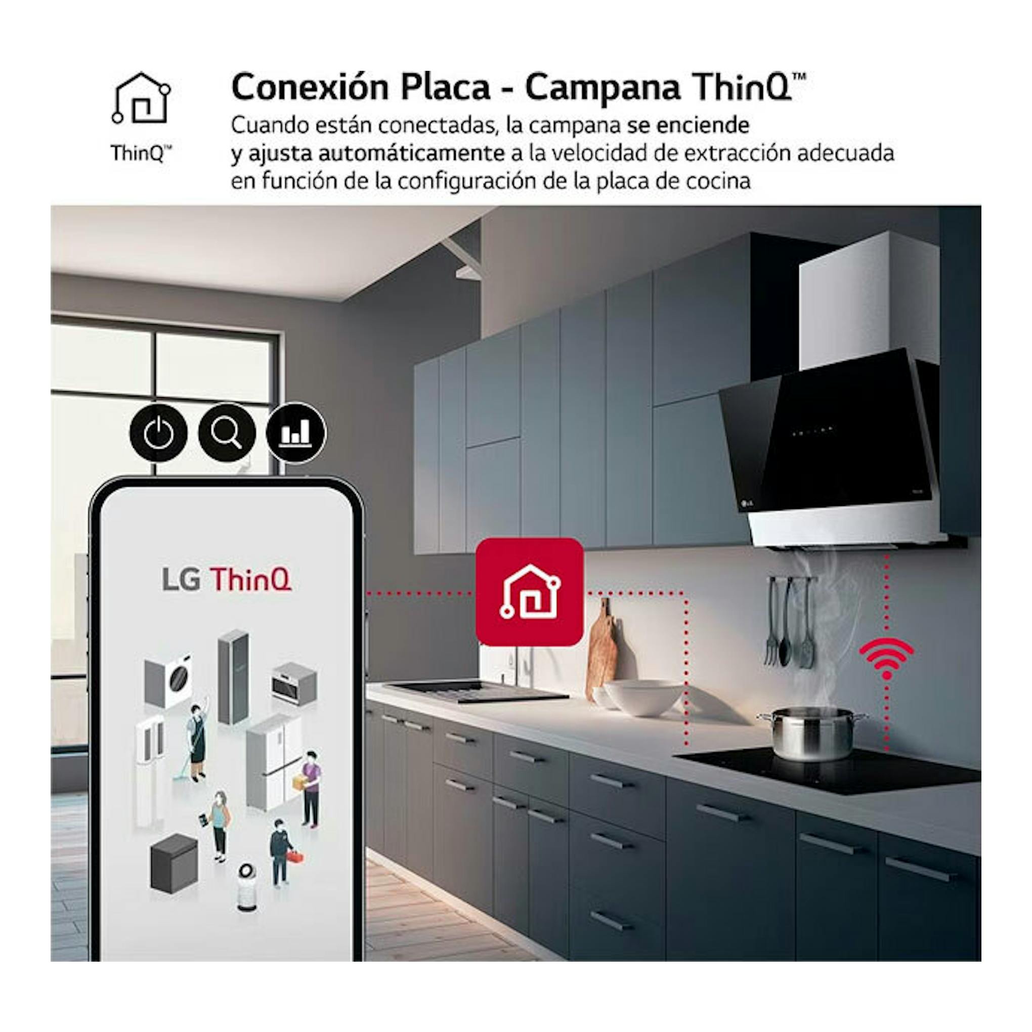 Imagen de cocina moderna con placa LG CBIZ2437B y campana conectadas por ThinQ, con móvil en primer plano.