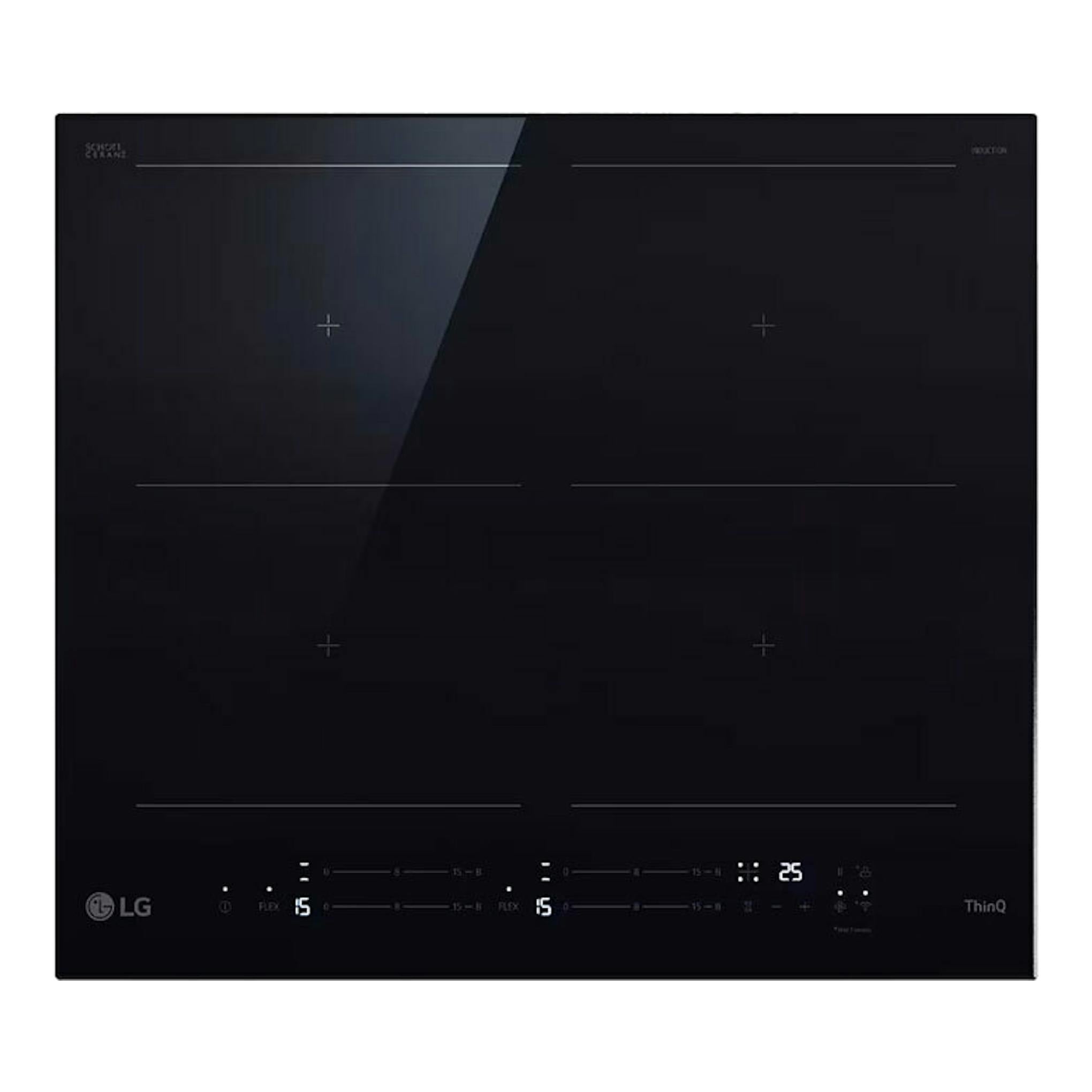 Placa de inducción LG CBIZ2437B negra, vista frontal, con cuatro zonas de cocción y panel táctil.