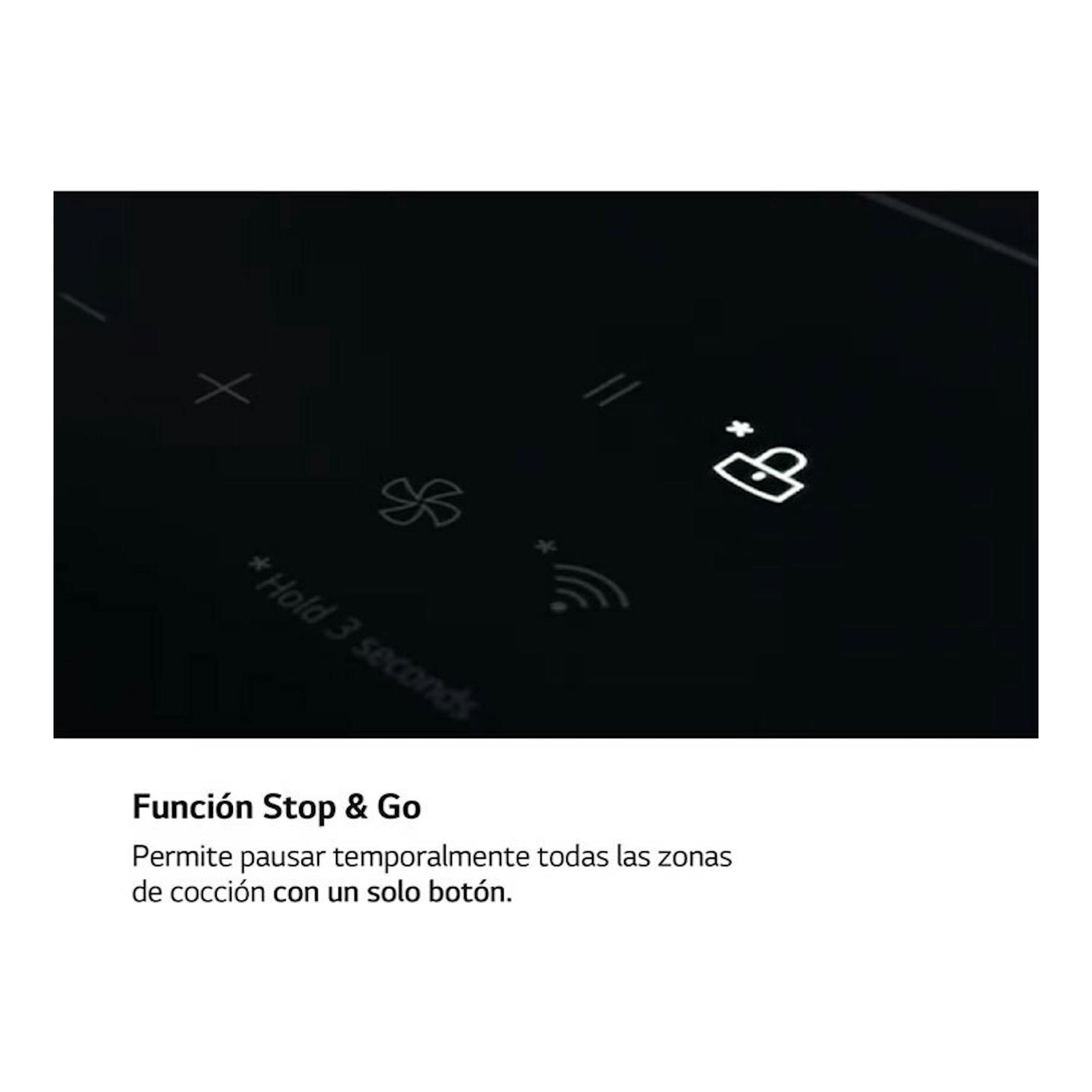 Placa de inducción LG CBIZ2437B negra, en primer plano del panel táctil con iconos y función Stop & Go.