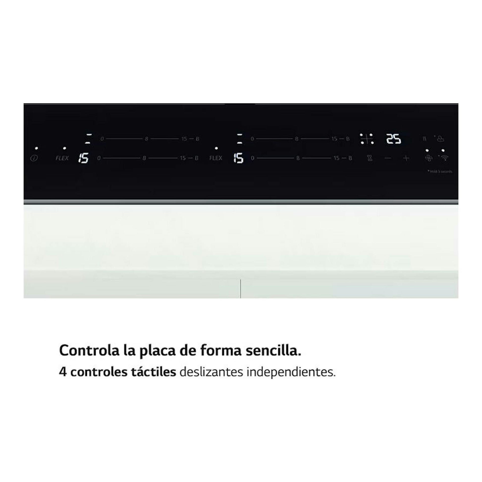 Placa de inducción LG CBIZ2437B de 59 cm, negra, vista superior con panel táctil digital.