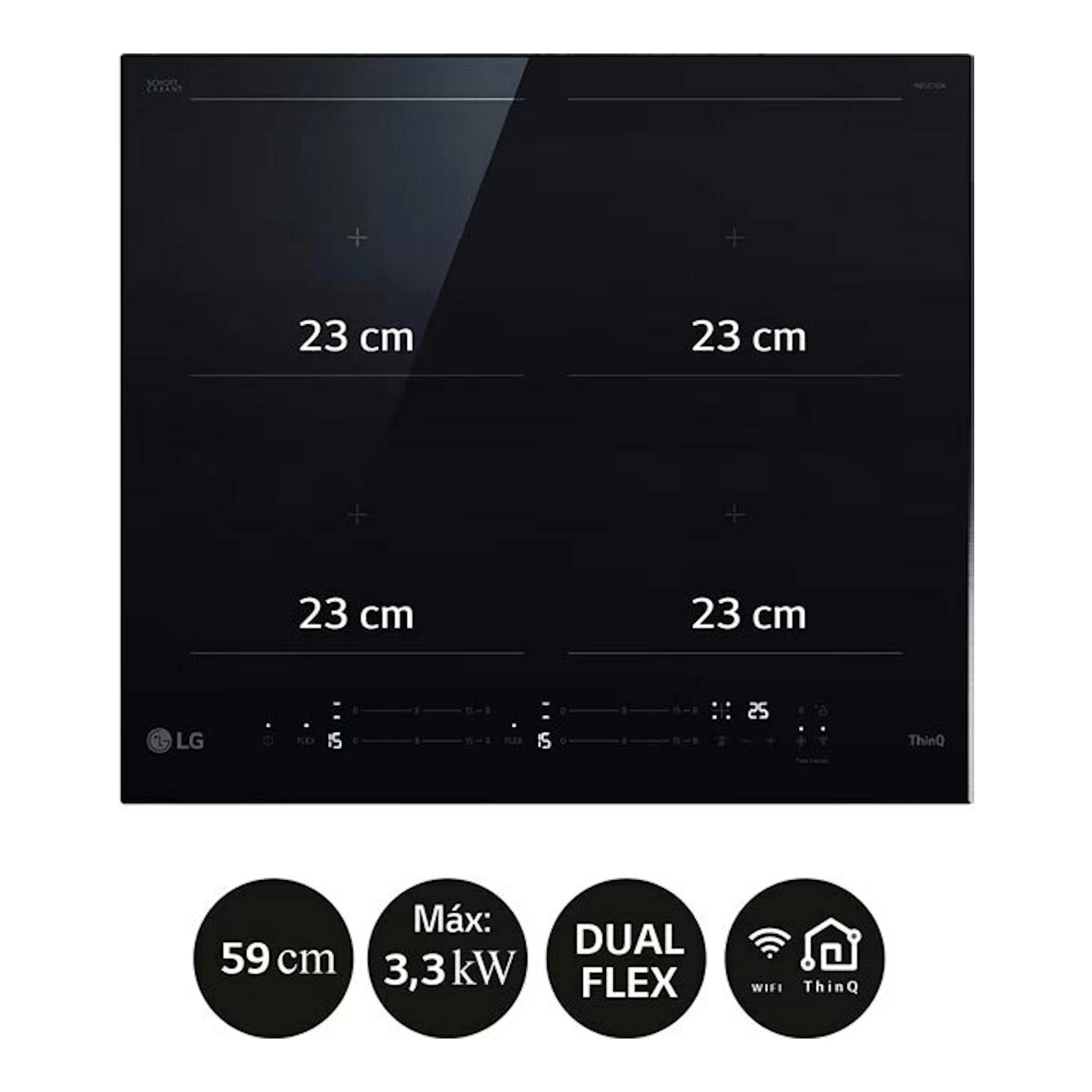 Placa de inducción LG CBIZ2437B negra, vista frontal, con 4 zonas de 23 cm y controles táctiles inferiores.