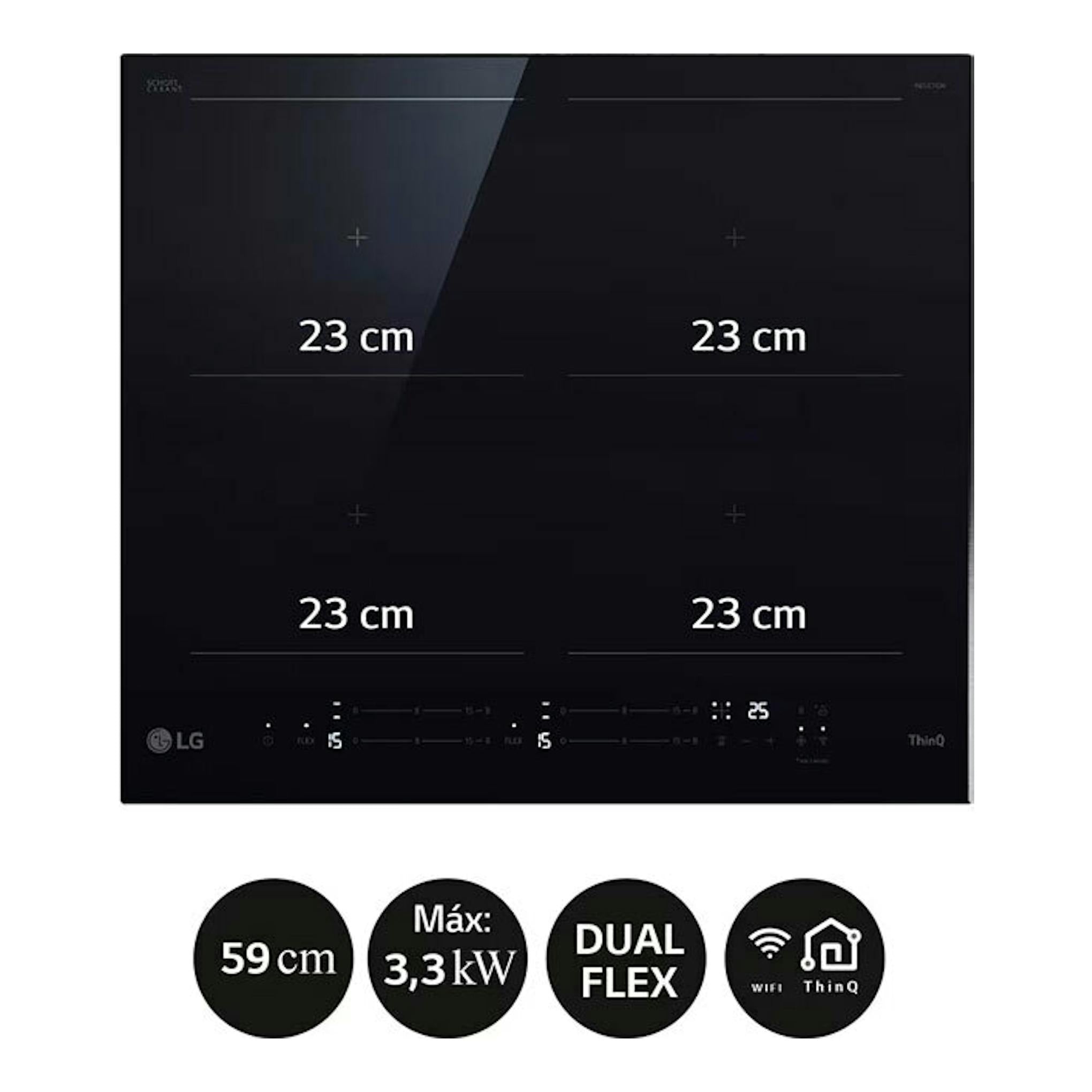 Placa de inducción LG CBIZ2437B negra, vista frontal, con 4 zonas de 23 cm y controles táctiles inferiores.