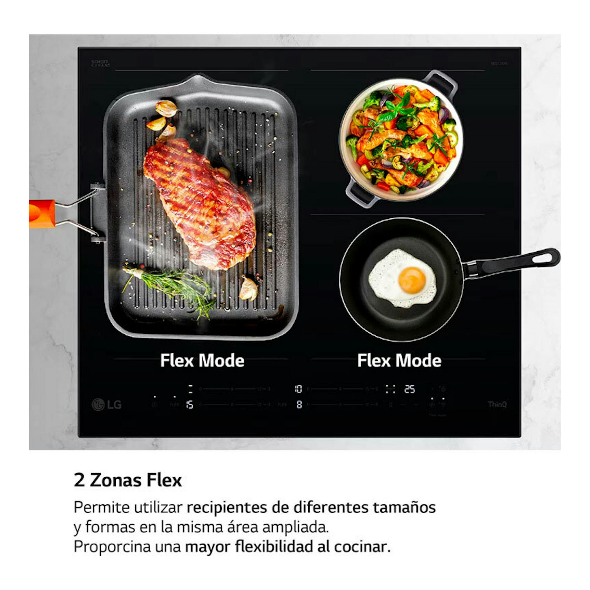 Placa de inducción LG CBIZ2437B negra, vista cenital, con zonas Flex y recipientes con carne, verduras y un huevo.