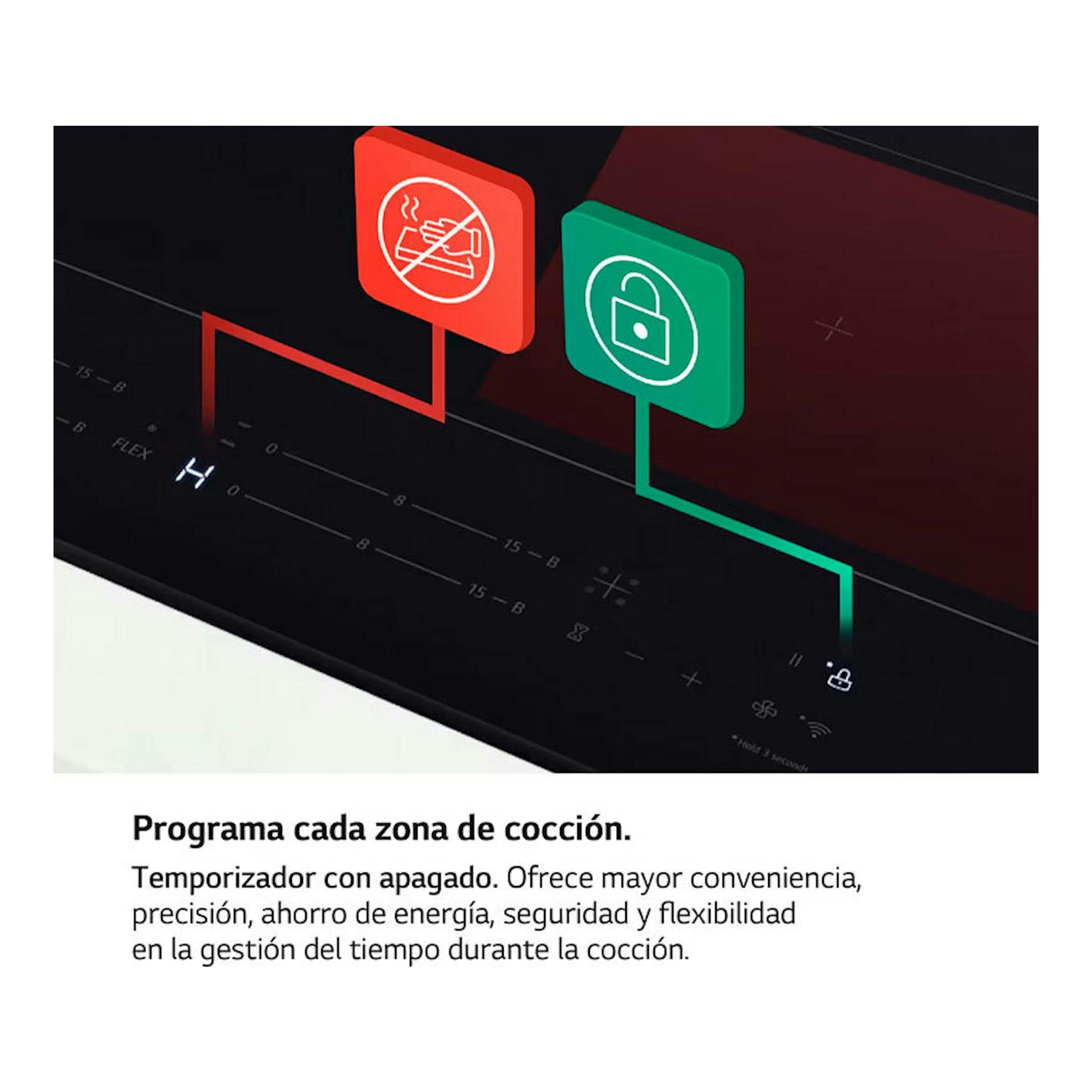 Placa de inducción LG CBIZ2437B, vista en ángulo, panel táctil negro con temporizador y bloqueo.