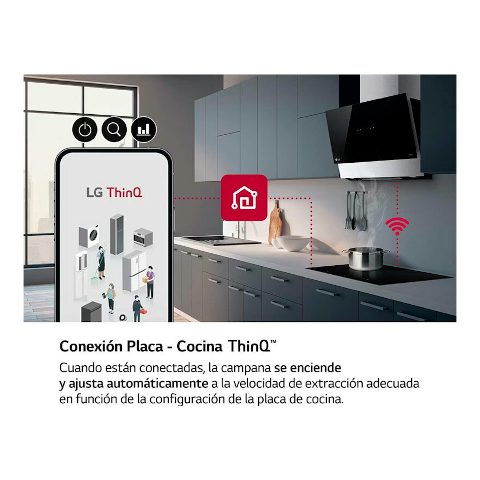 Cocina moderna con placa de inducción LG ThinQ, campana extractora y móvil con la app LG ThinQ.