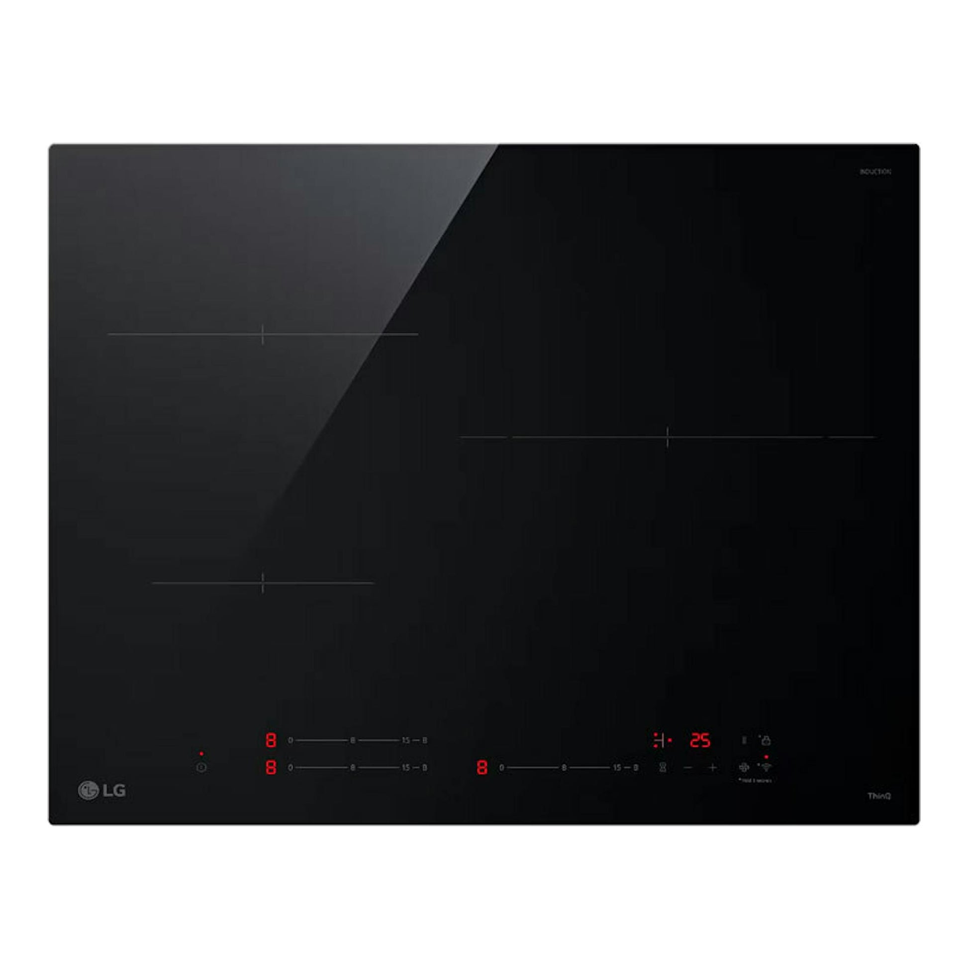 Placa de inducción LG CI5Z2420BN negra, vista frontal, con panel táctil y cuatro zonas de cocción.