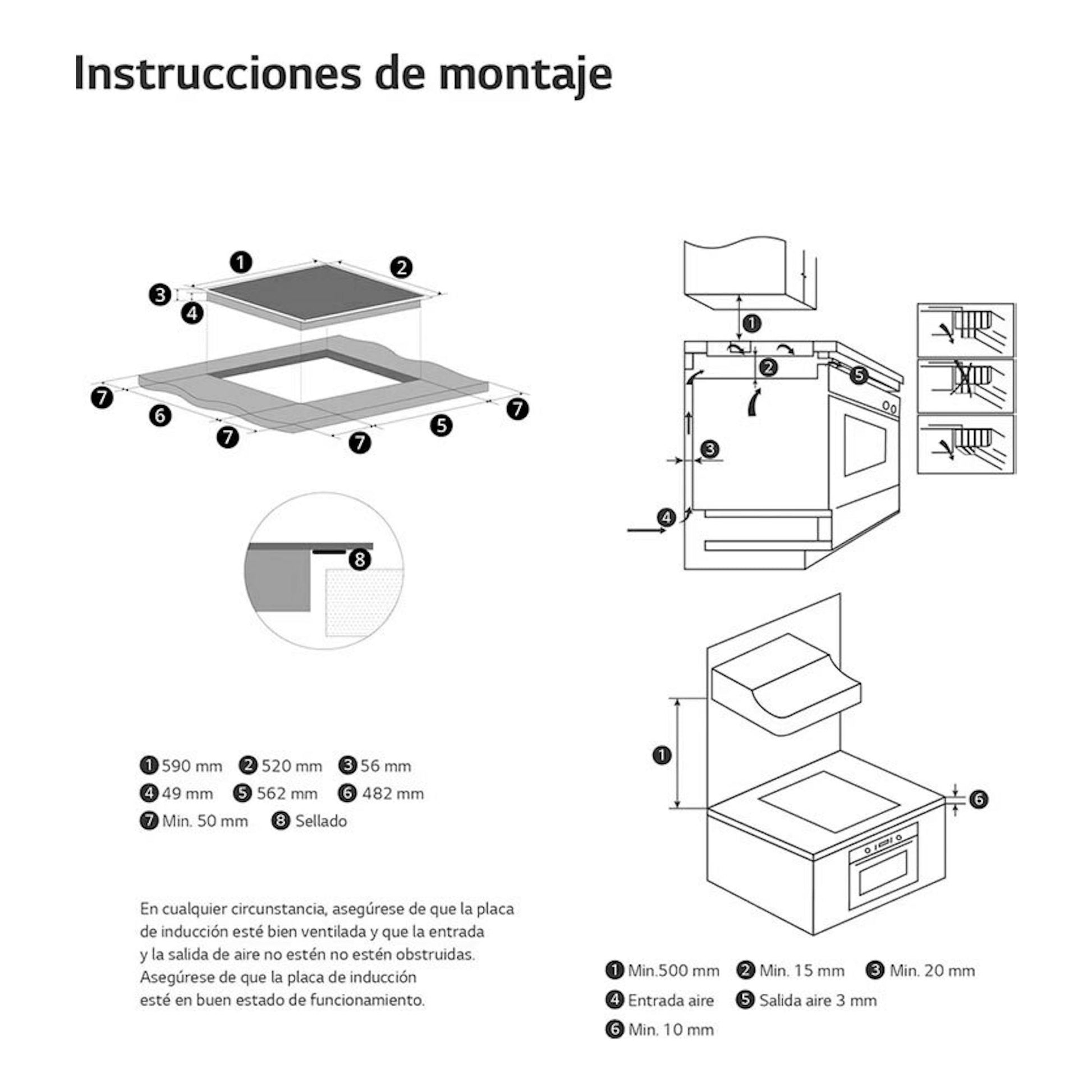 Instrucciones de montaje de placa de inducción LG CI5Z2420BN, con esquemas y medidas de instalación.